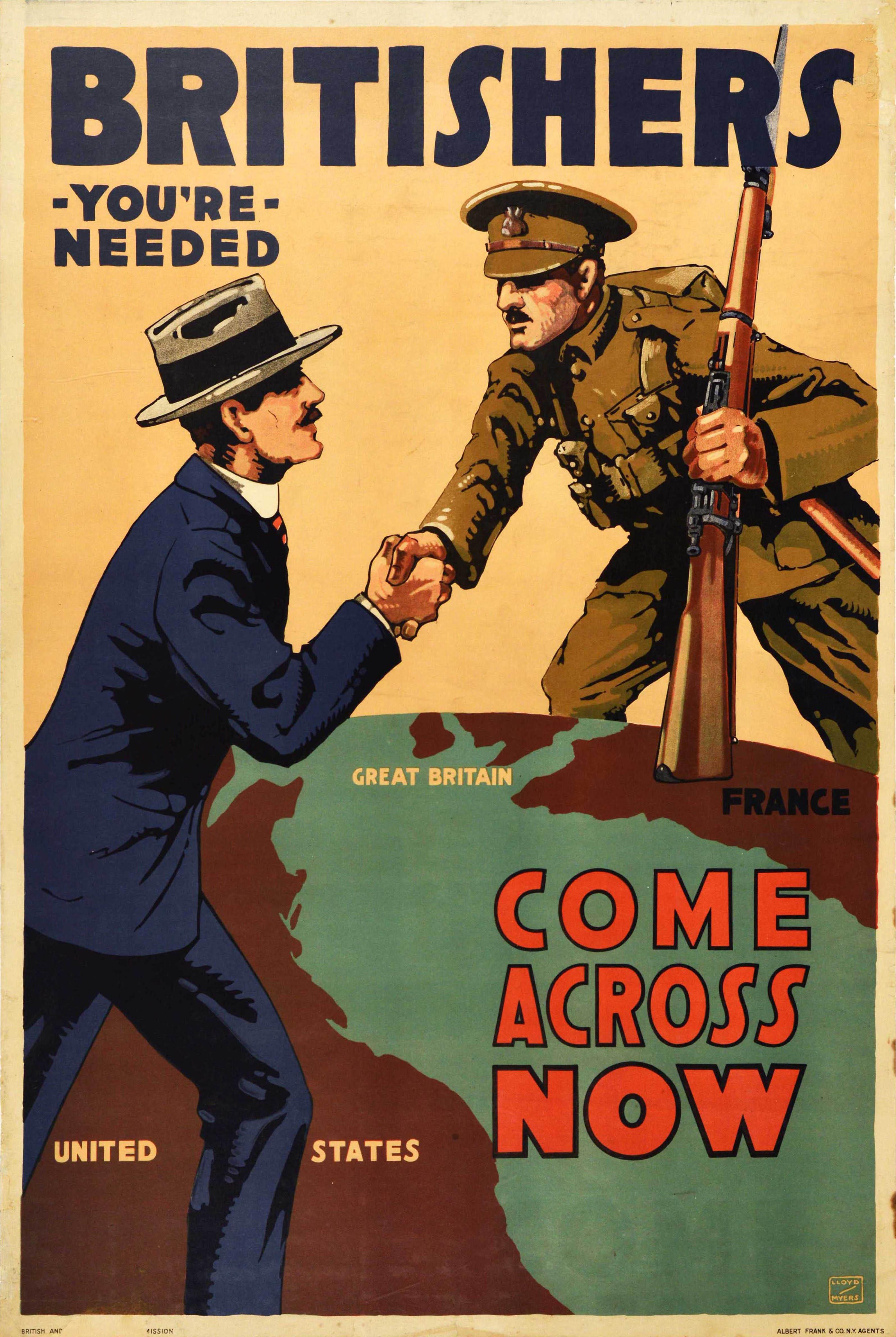 Lloyd Myers Print - Original Antique WWI Recruitment Poster Britishers You're Needed Come Across Now