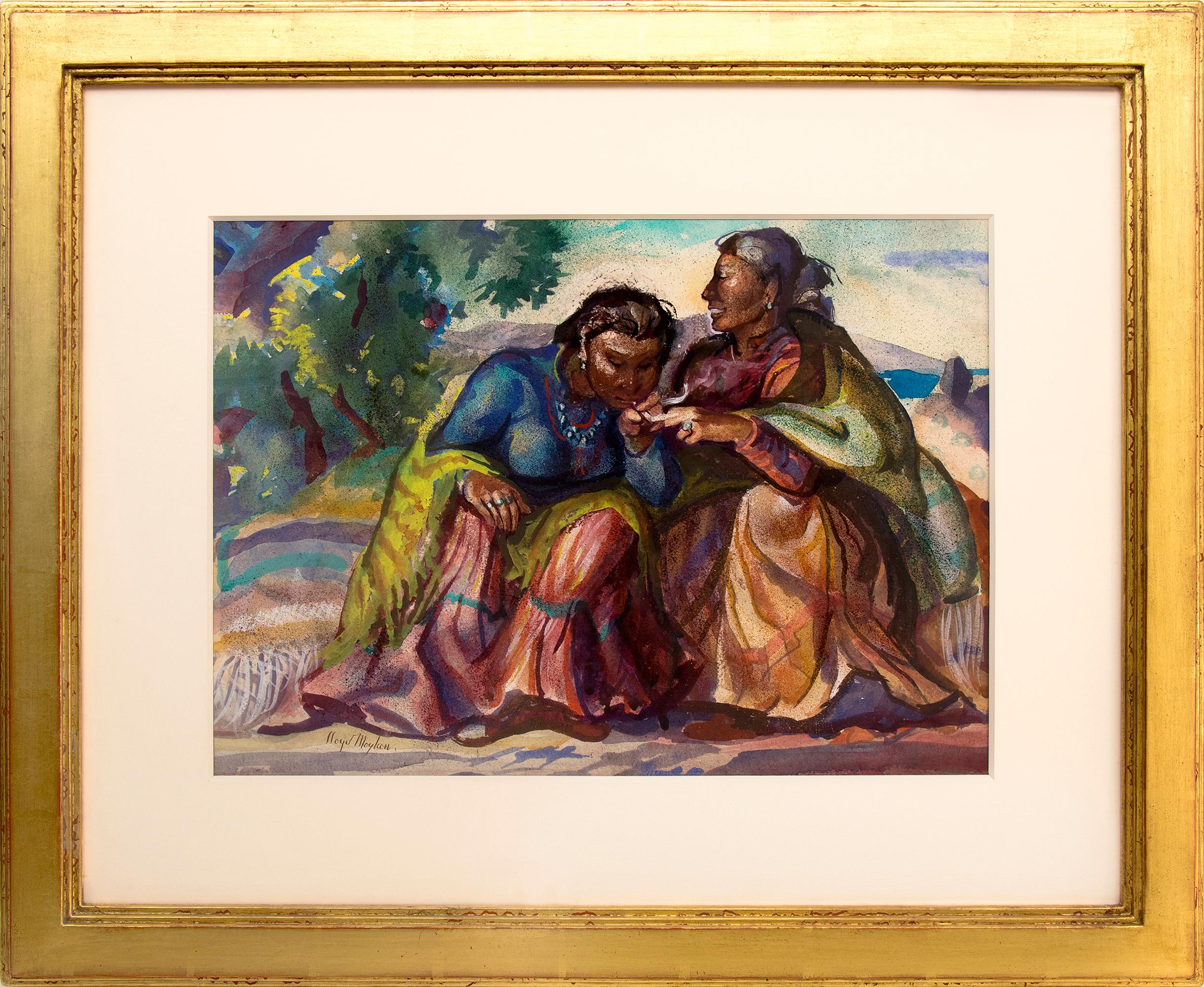 Aquarelle encadrée Portrait de deux femmes - Art figuratif de la scène extérieure