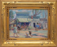 Lloyd Moylan, scène de rue à Adams Crossing, Colorado Springs, dans les années 1930, peinture à l'huile
