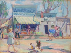Lloyd Moylan, scène de rue à Adams Crossing, Colorado Springs, dans les années 1930, peinture à l'huile