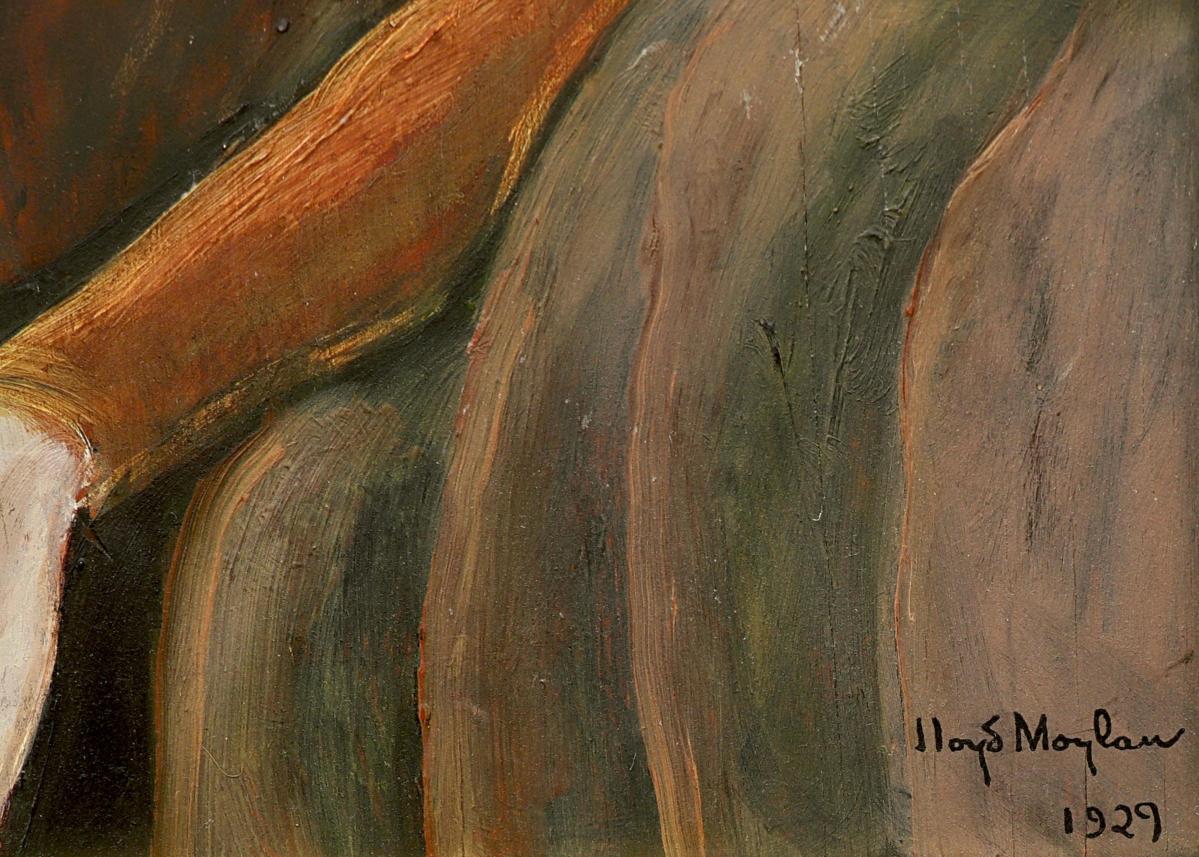 Portrait of Laura Bunnell, 1920s Framed Semi Abstract Figurative Oil Painting - Brown Abstract Painting by Lloyd Moylan