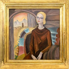 Portrait de Laura Bunnell, peinture à l'huile figurative semi-abstraite encadrée des années 1920