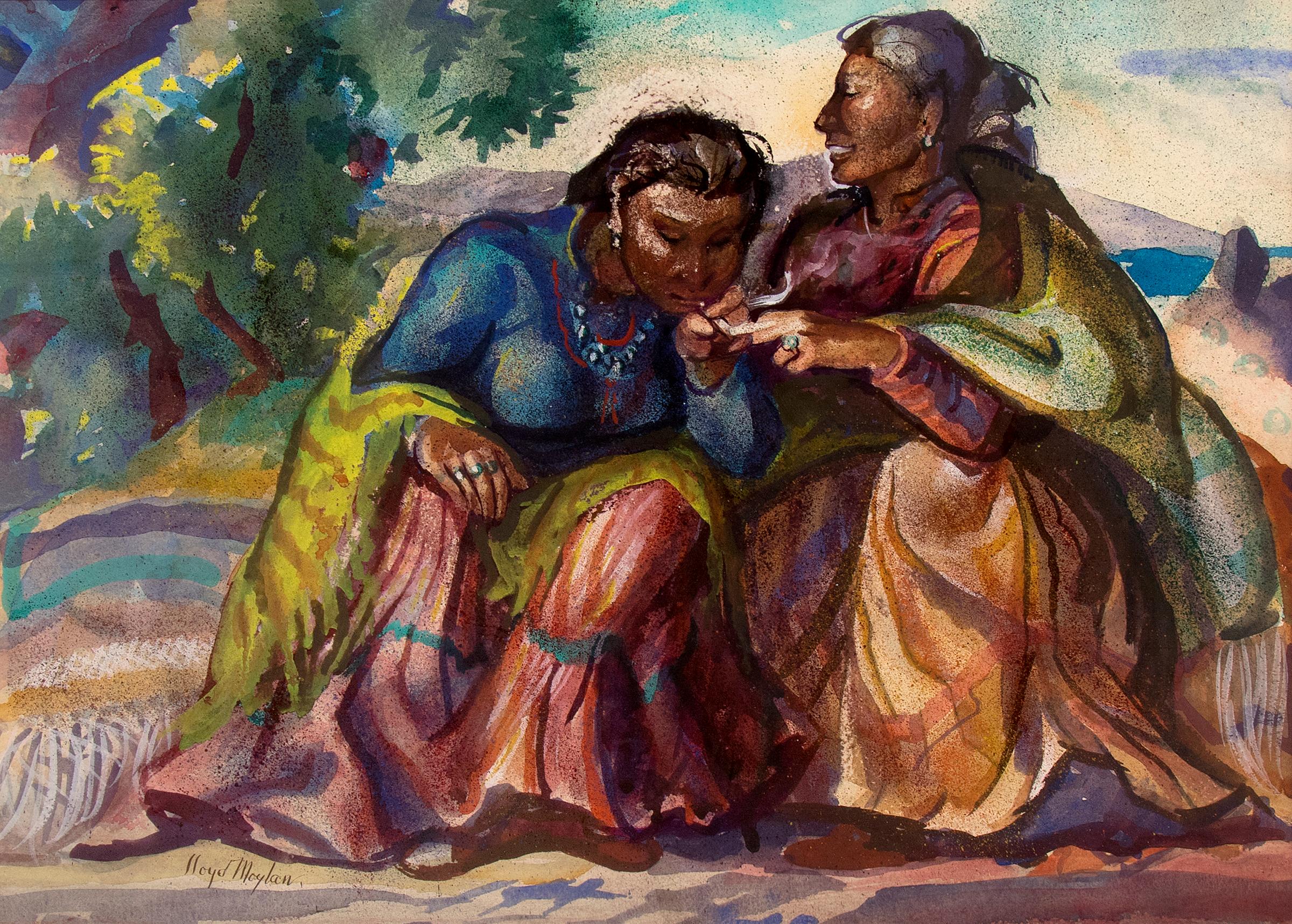 Ritratto di due donne ad acquerello incorniciato - Scena esterna figurativa - Painting di Lloyd Moylan