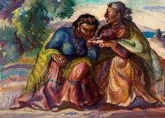 Framed Watercolor Portrait of Two Women – Figurative Exterior Scene Art