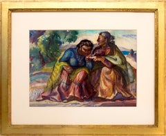 Portrait of Two Women, Exterior Figurative Painting, Framed Watercolor Painting 