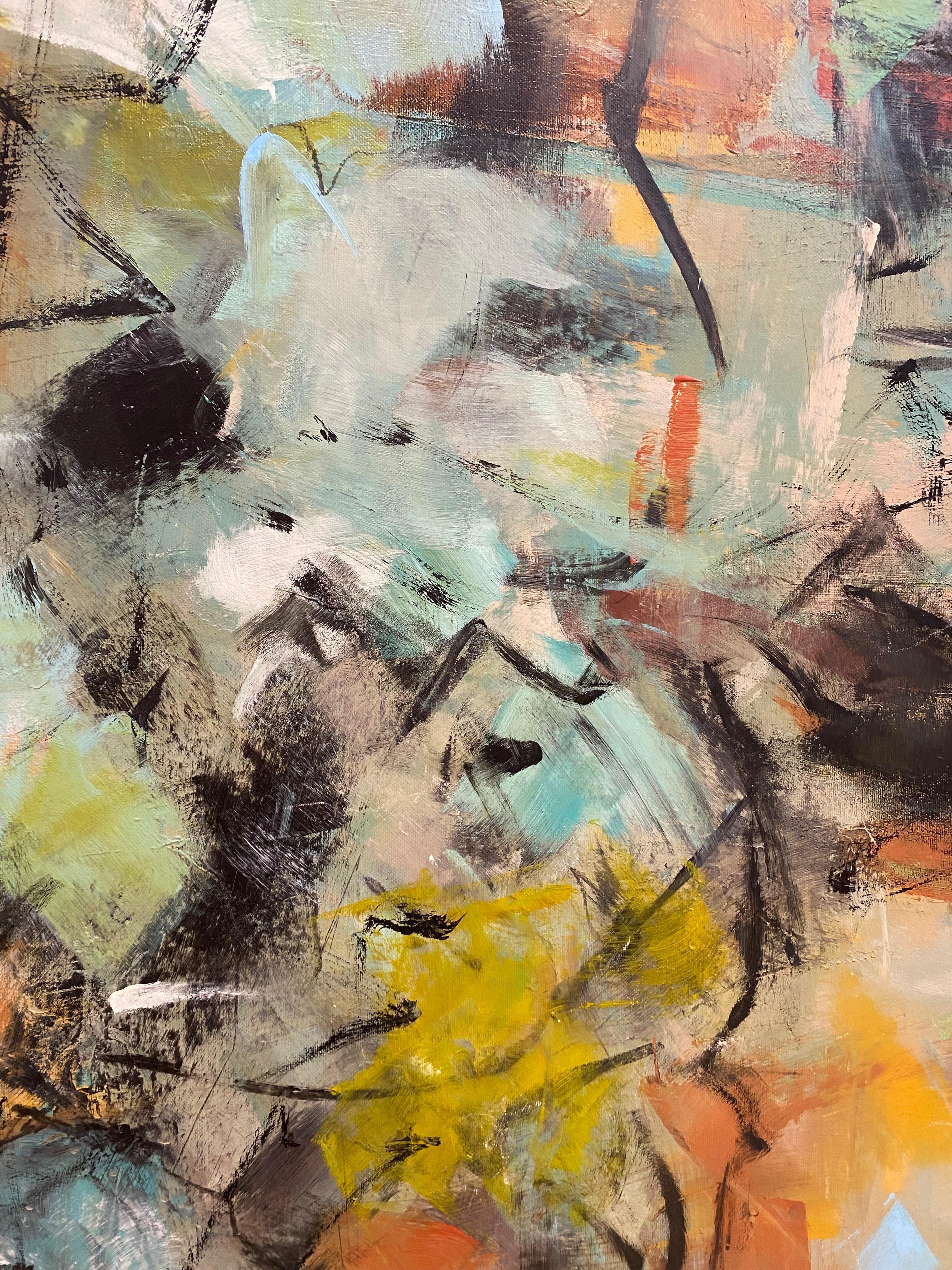 Questo quadro è del 2018.  Lo tengo in casa da qualche anno e ho deciso di cambiarlo. Adoro il gioco di colori e segni neri di questo pezzo. È vivace e dà un senso di natura.  Questo pezzo era un dipinto iniziale che ho ampliato nel corso degli anni
