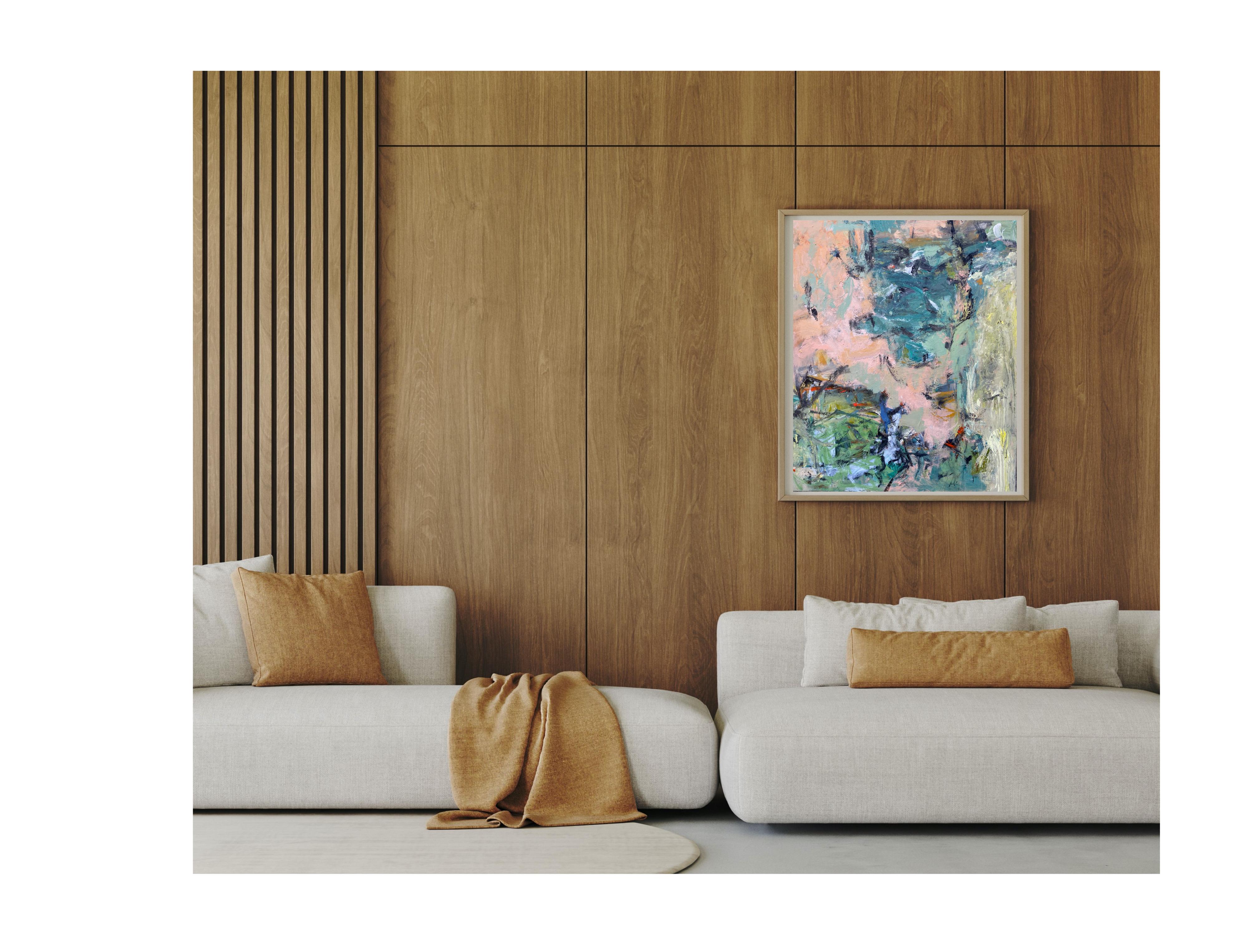 Circumstance, pink, light blue, lime green, water, expessionism - Painting by Lloyd Tabing 