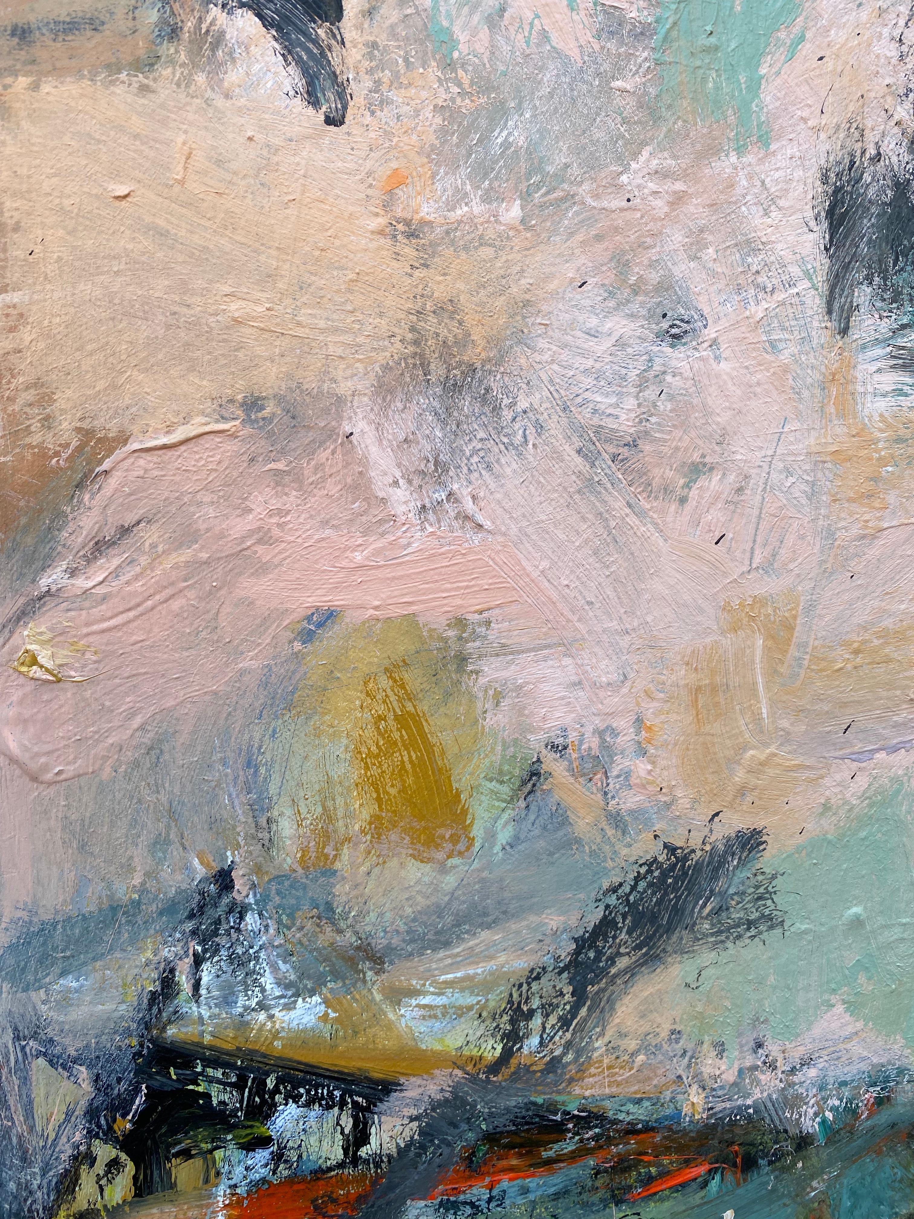 Circumstance, pink, light blue, lime green, water, expessionism - Abstract Painting by Lloyd Tabing 