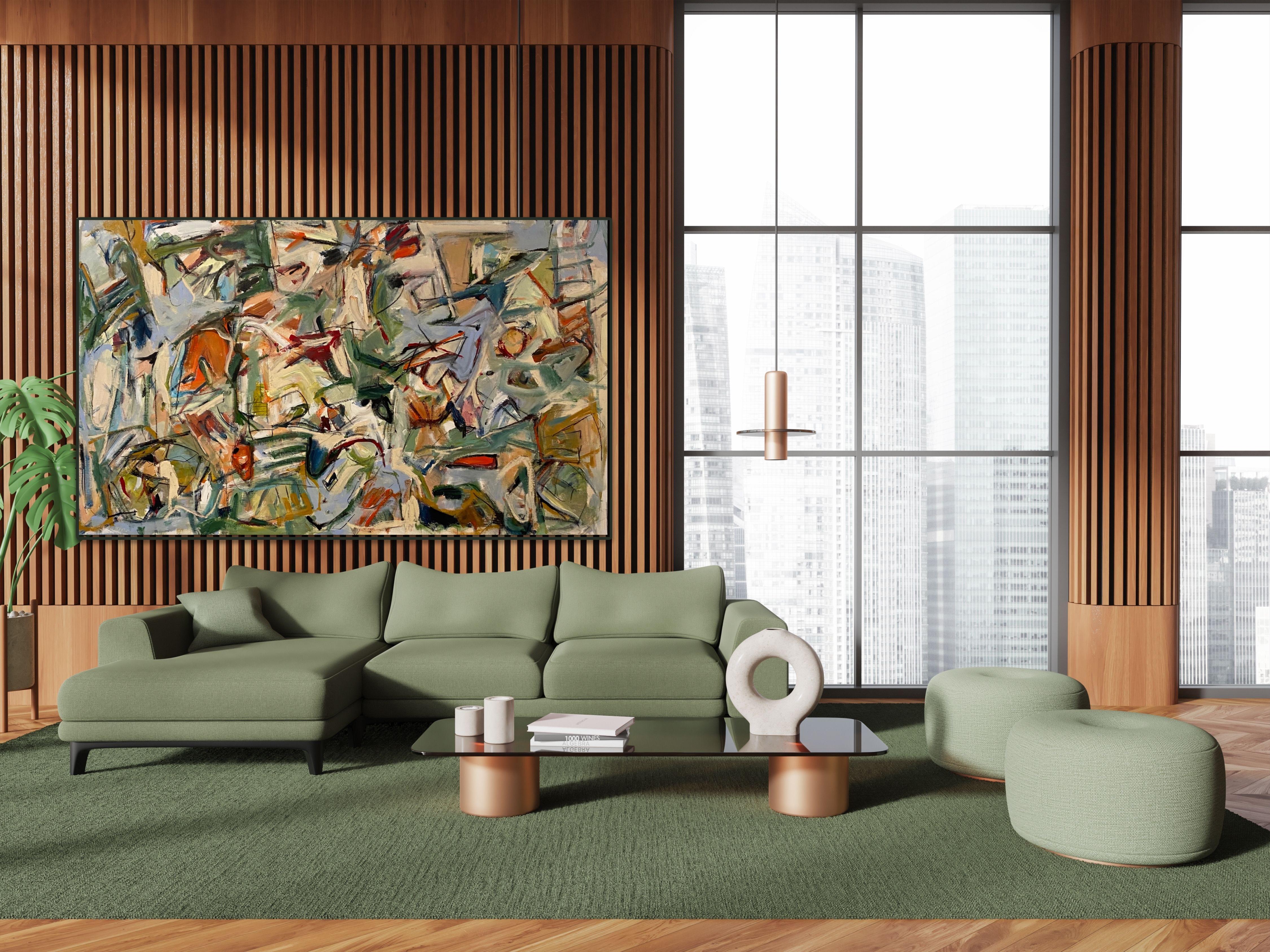 Piatti sporchi, contemporaneo, arancione, blu, verde, de Kooning, cubismo - Painting di Lloyd Tabing 