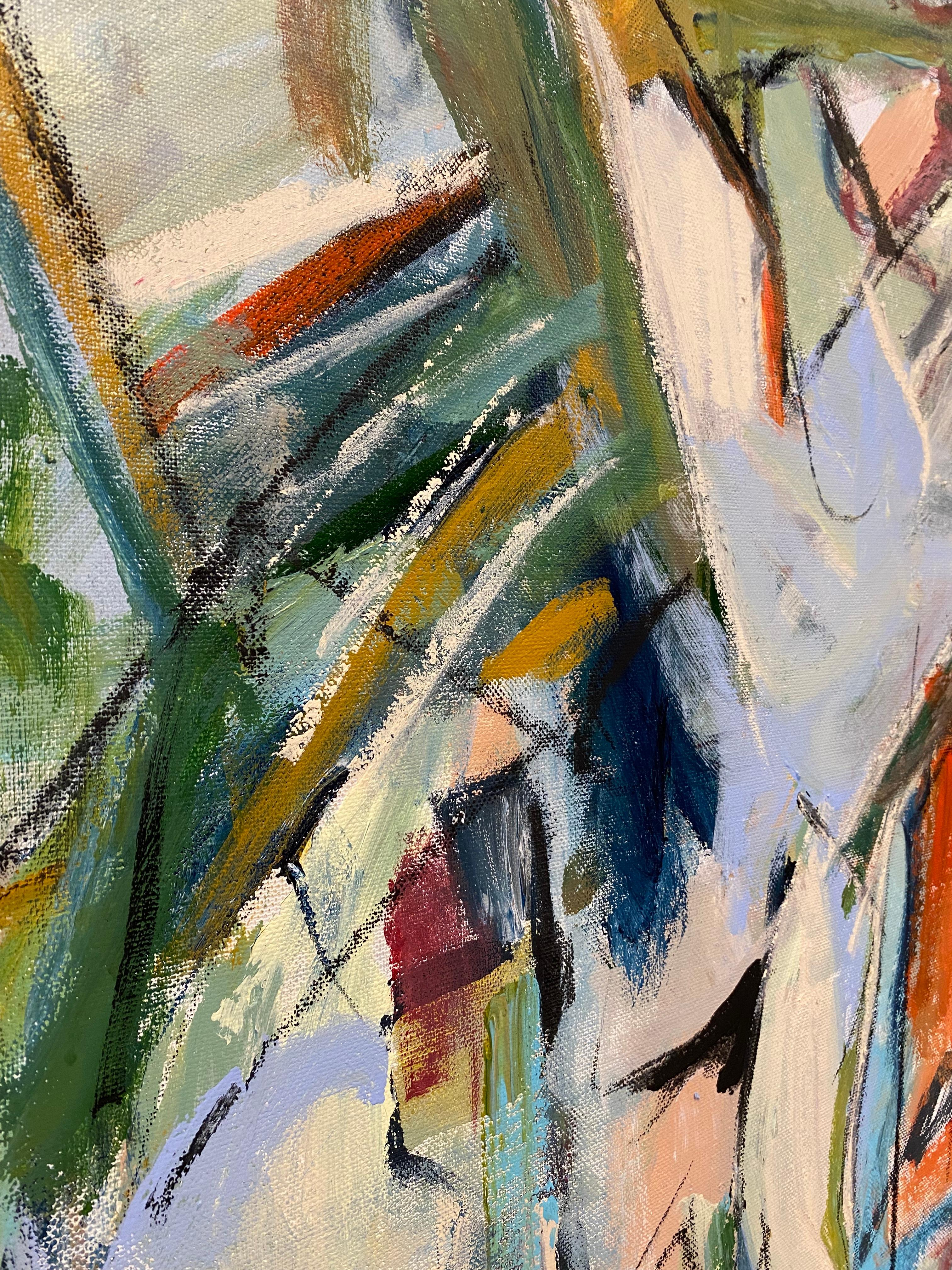 Piatti sporchi, contemporaneo, arancione, blu, verde, de Kooning, cubismo - Abstract Painting Marrone di Lloyd Tabing 