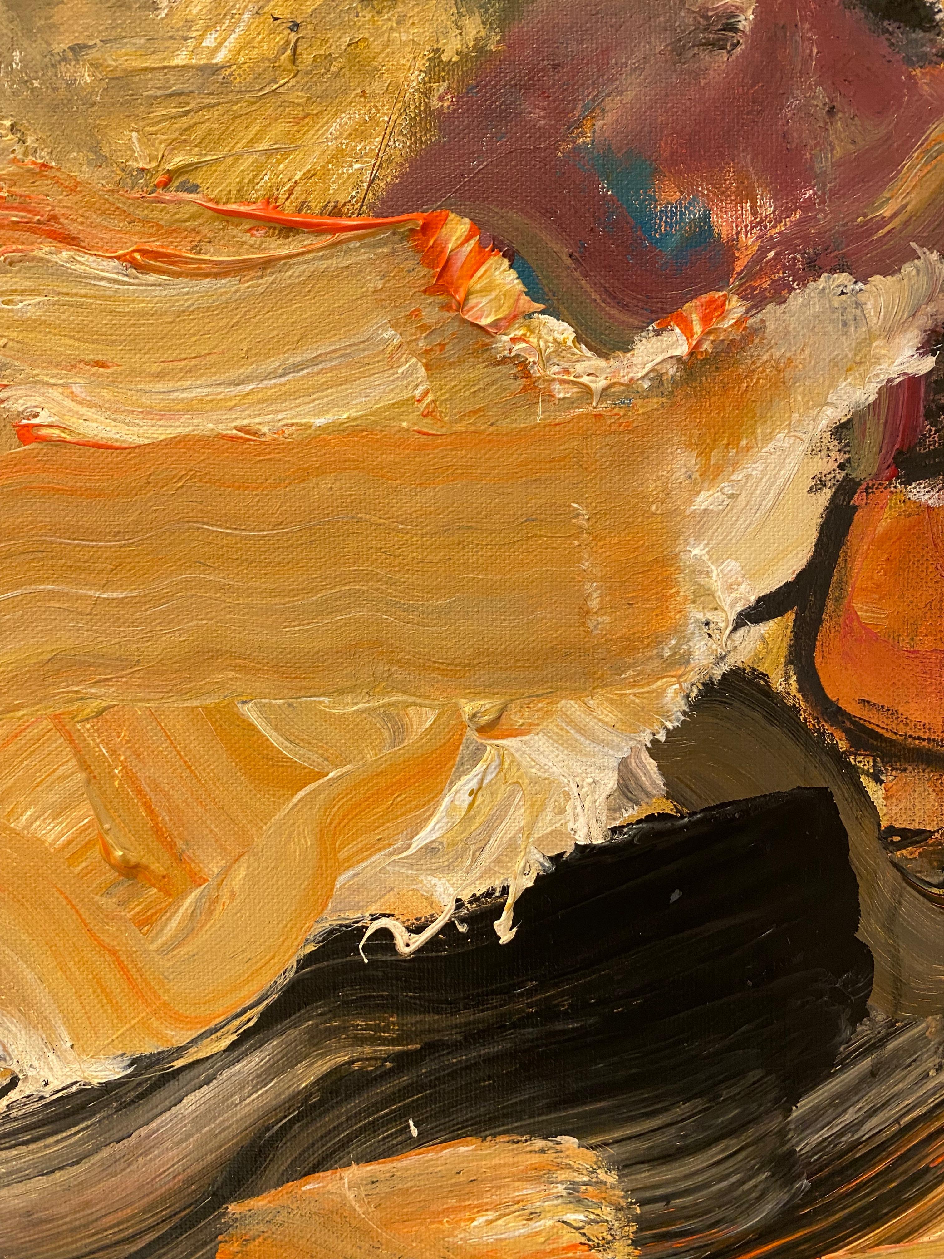 Greene & Greene, arancione, blu, verde, rosso, DeKooning, natura, contemporaneo - Abstract Painting Marrone di Lloyd Tabing 