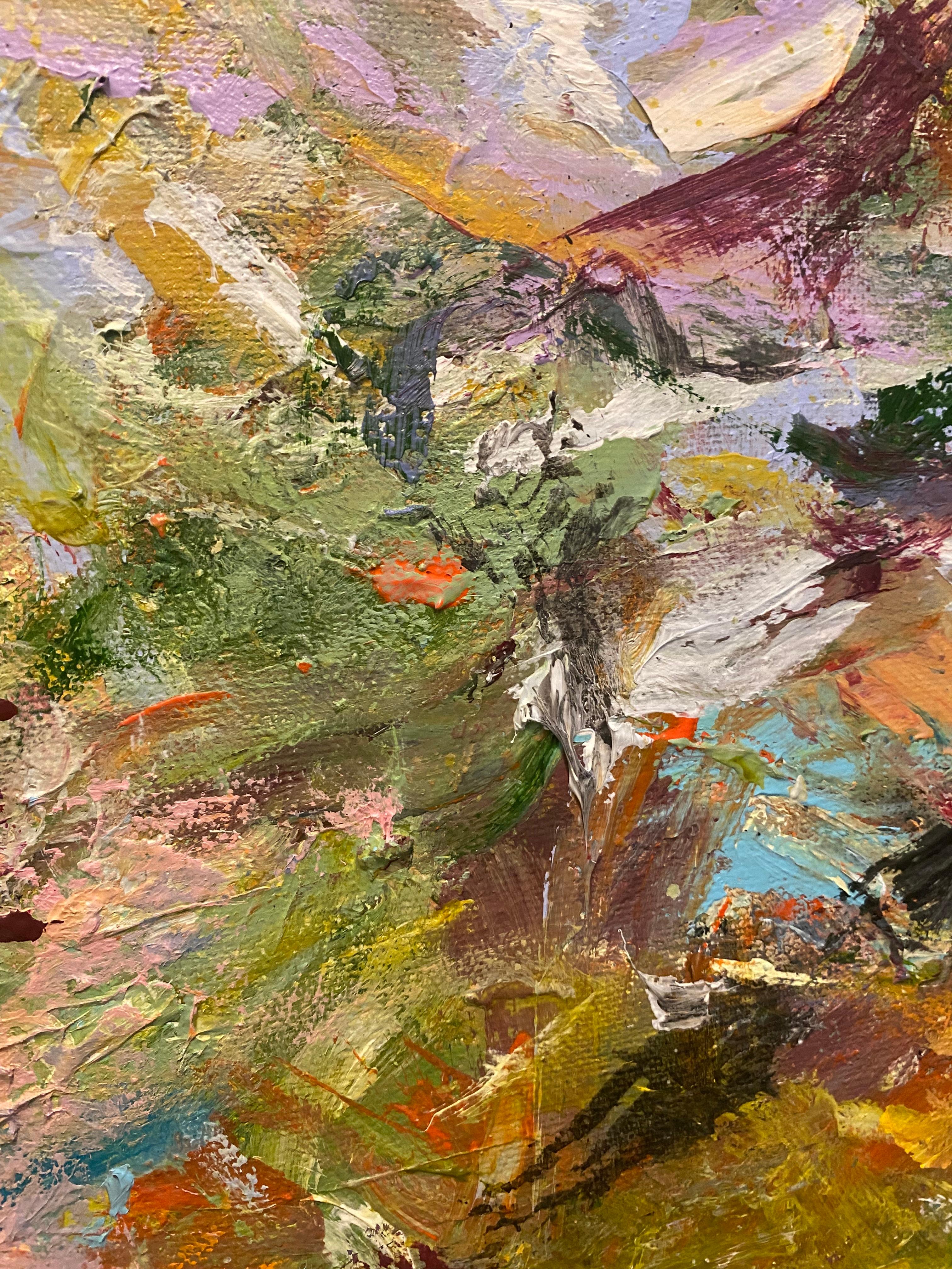 Soul Searching, Orange, turquoise, Joan Mitchell, bleu clair, grand, paysage - Marron Abstract Painting par Lloyd Tabing 