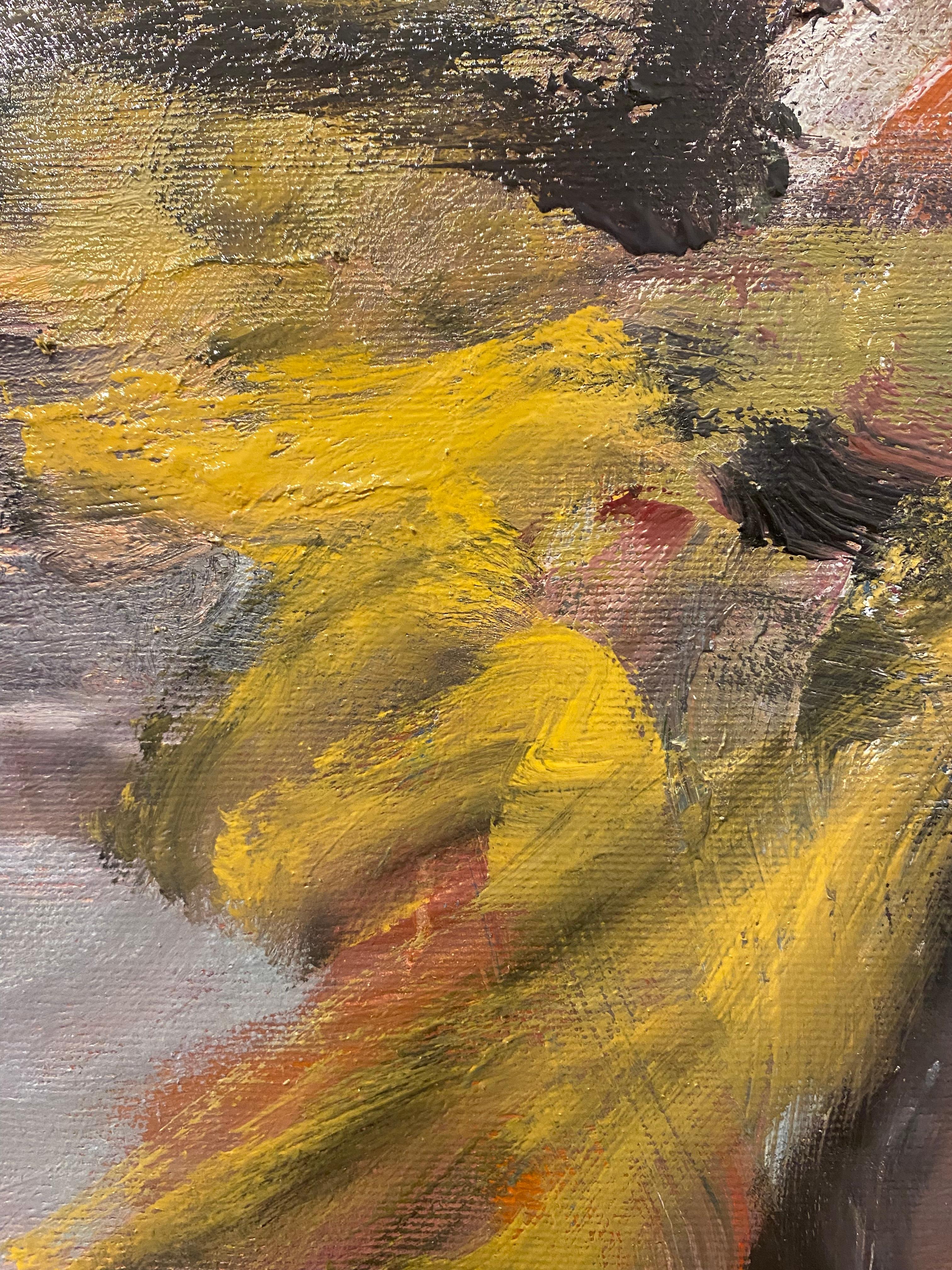 Sounds From The Paper Airplane, red, ochre, water, De Kooning, green, movement - Painting by Lloyd Tabing 