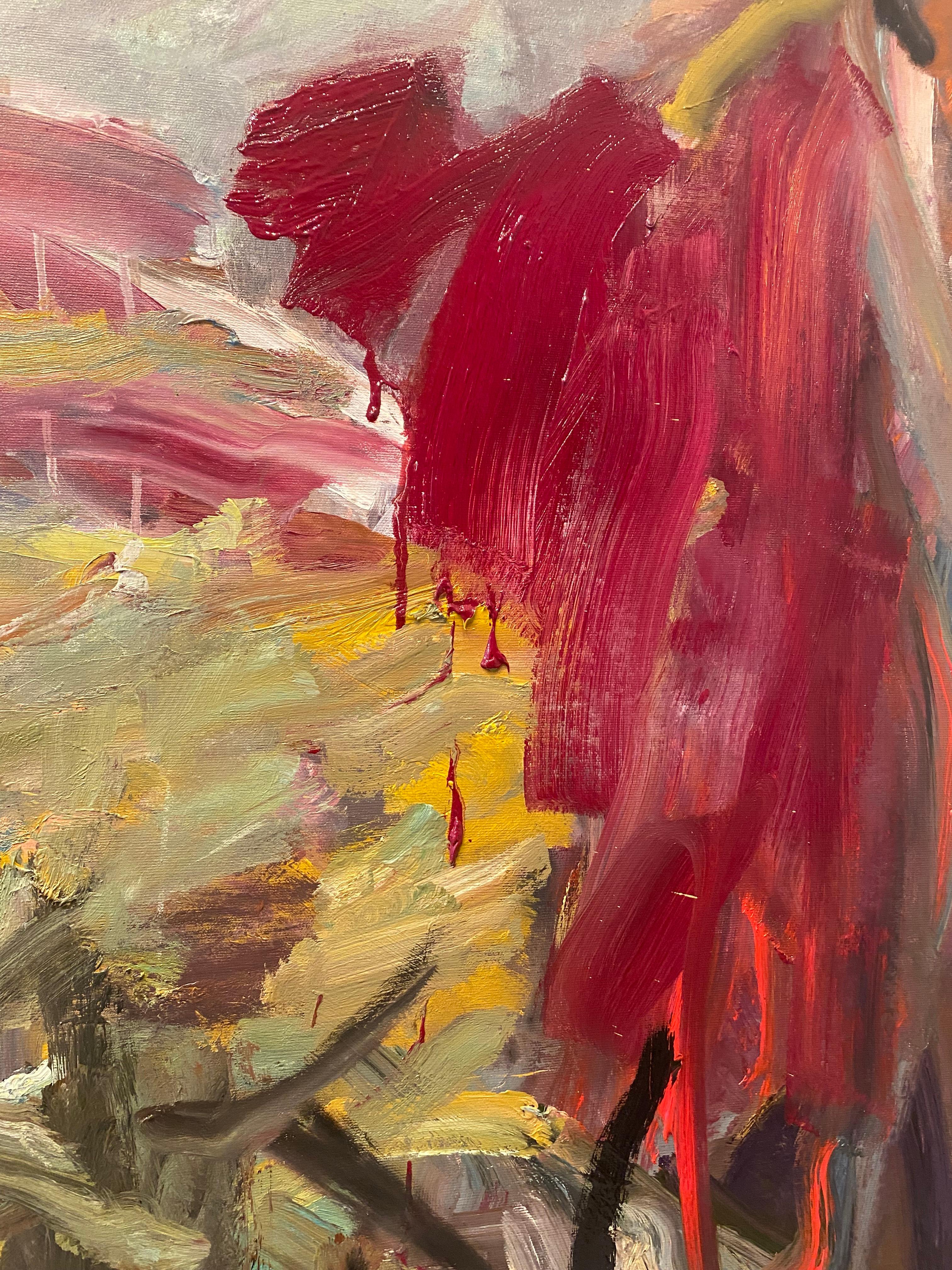 Sounds From The Paper Airplane, red, ochre, water, De Kooning, green, movement - Abstract Painting by Lloyd Tabing 