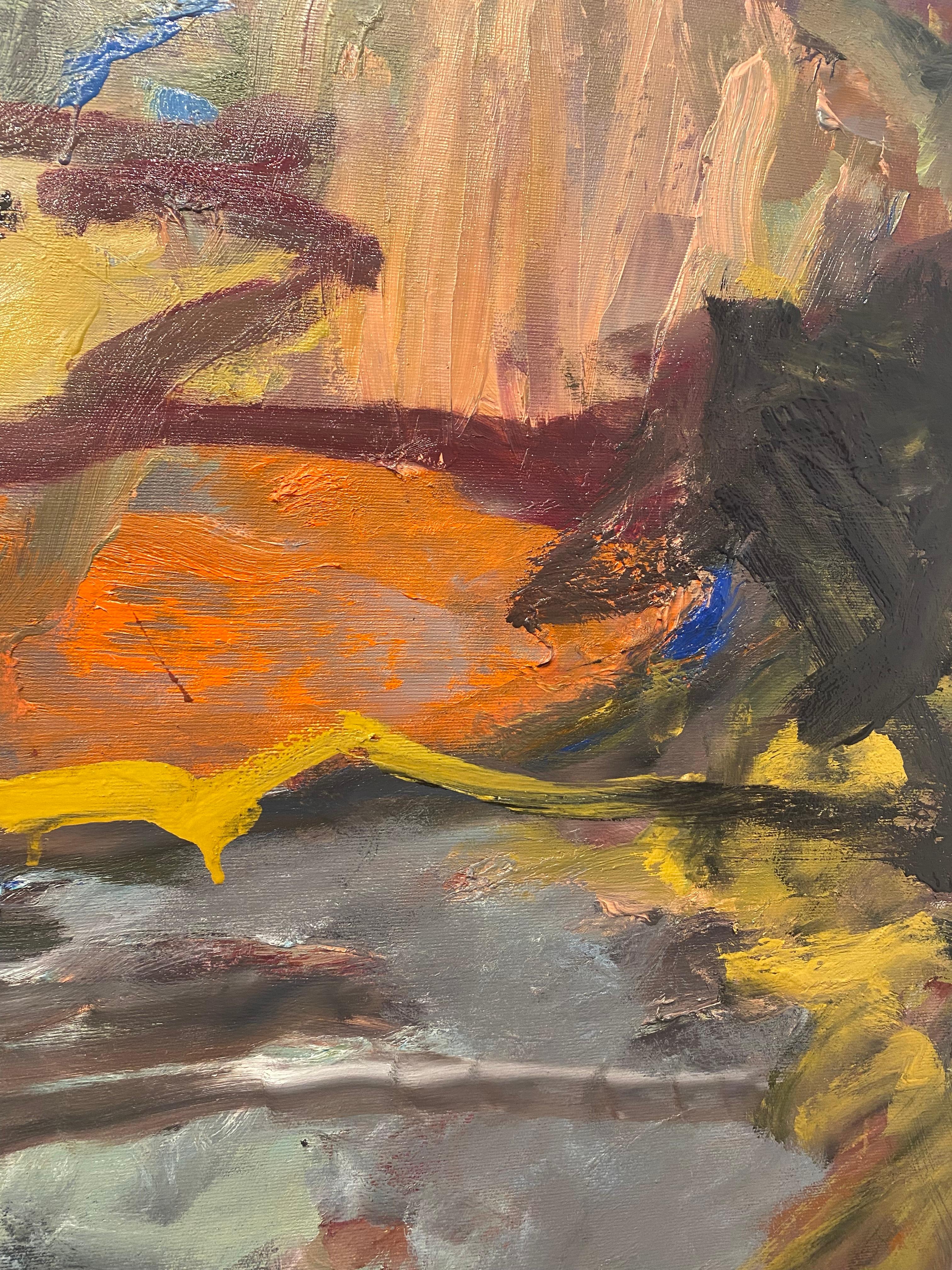 Sounds From The Paper Airplane, red, ochre, water, De Kooning, green, movement - Brown Abstract Painting by Lloyd Tabing 