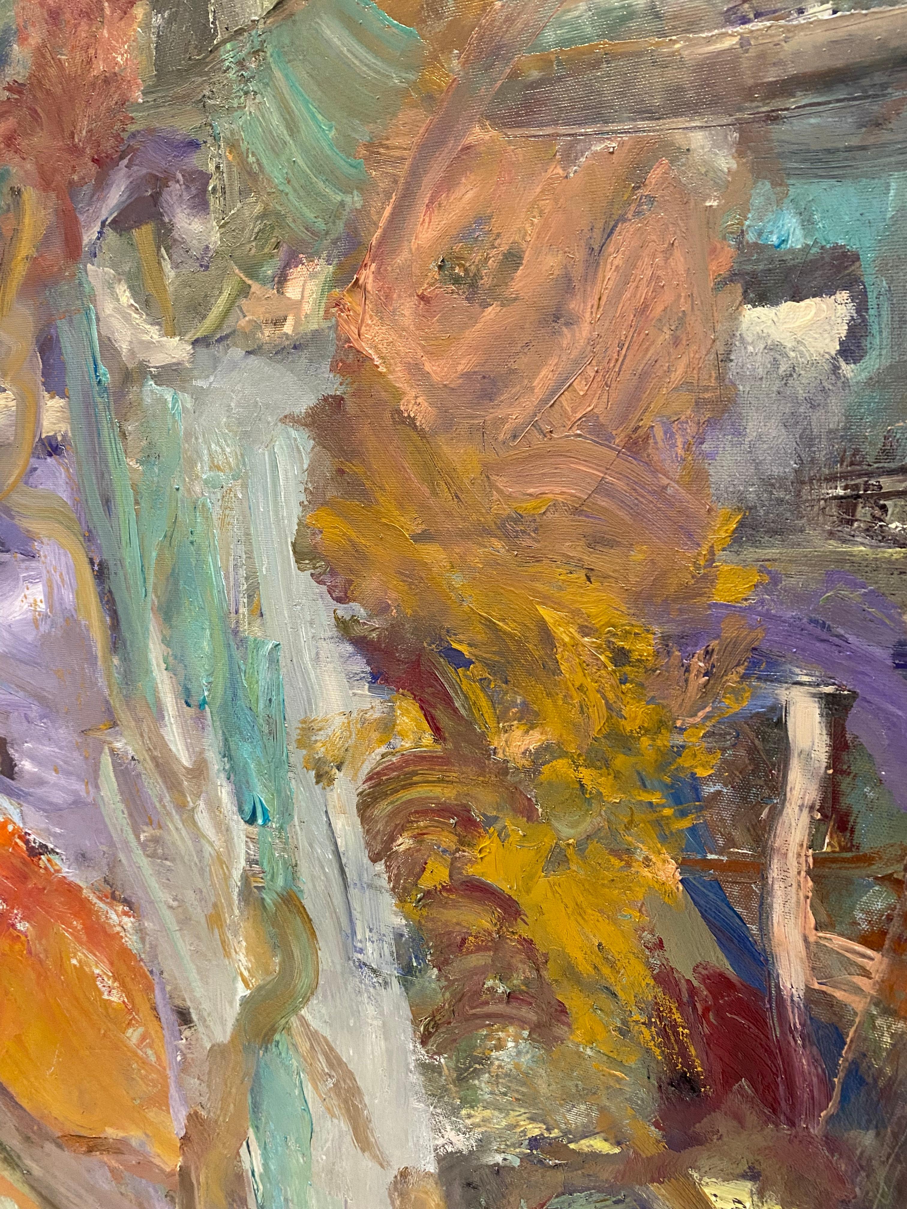 Stoplight Observations, landscape, flowers, nature, orange, rust, green, purple - Abstract Expressionist Painting by Lloyd Tabing 