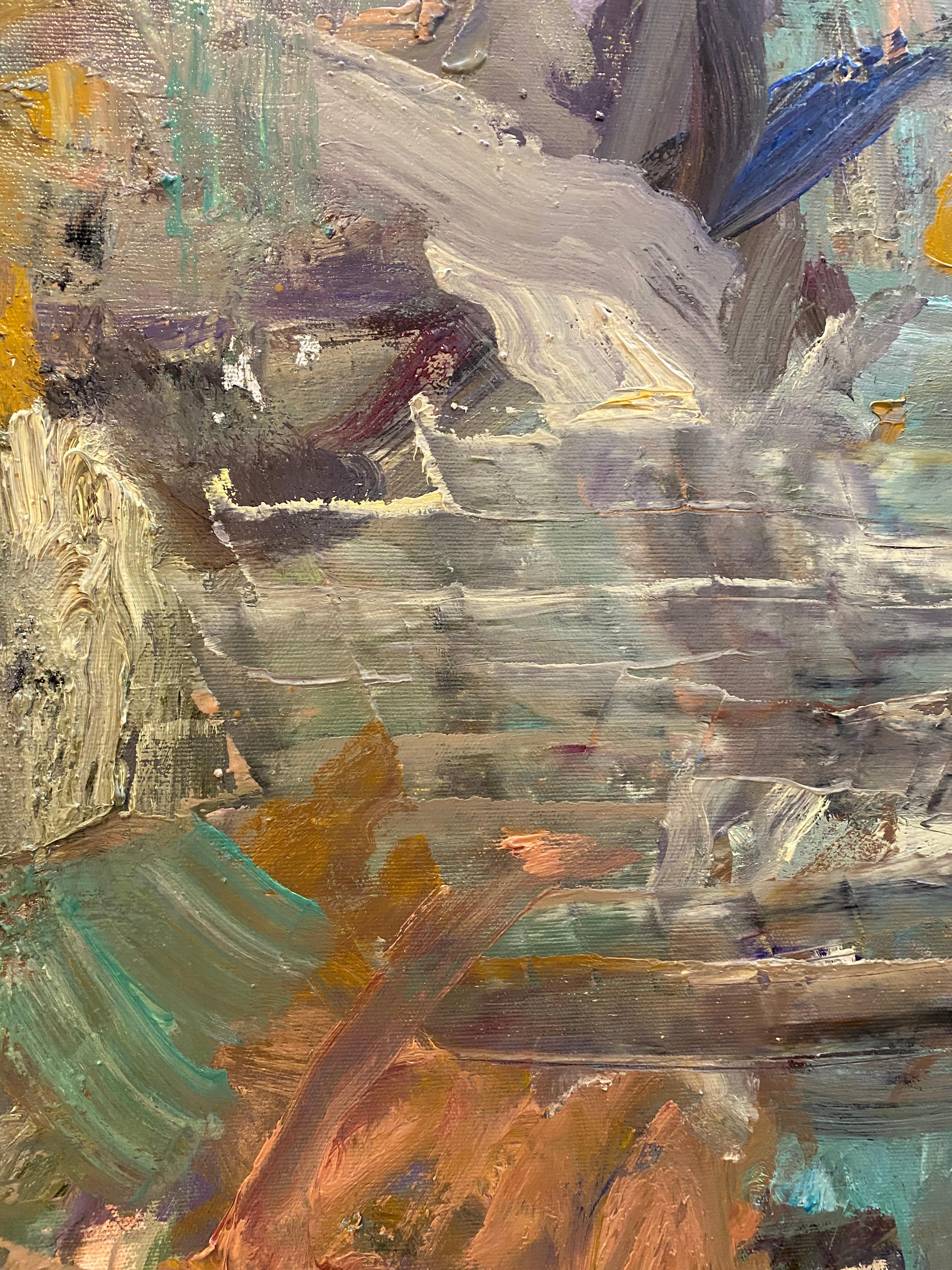 Stoplight Observations, landscape, flowers, nature, orange, rust, green, purple - Brown Abstract Painting by Lloyd Tabing 