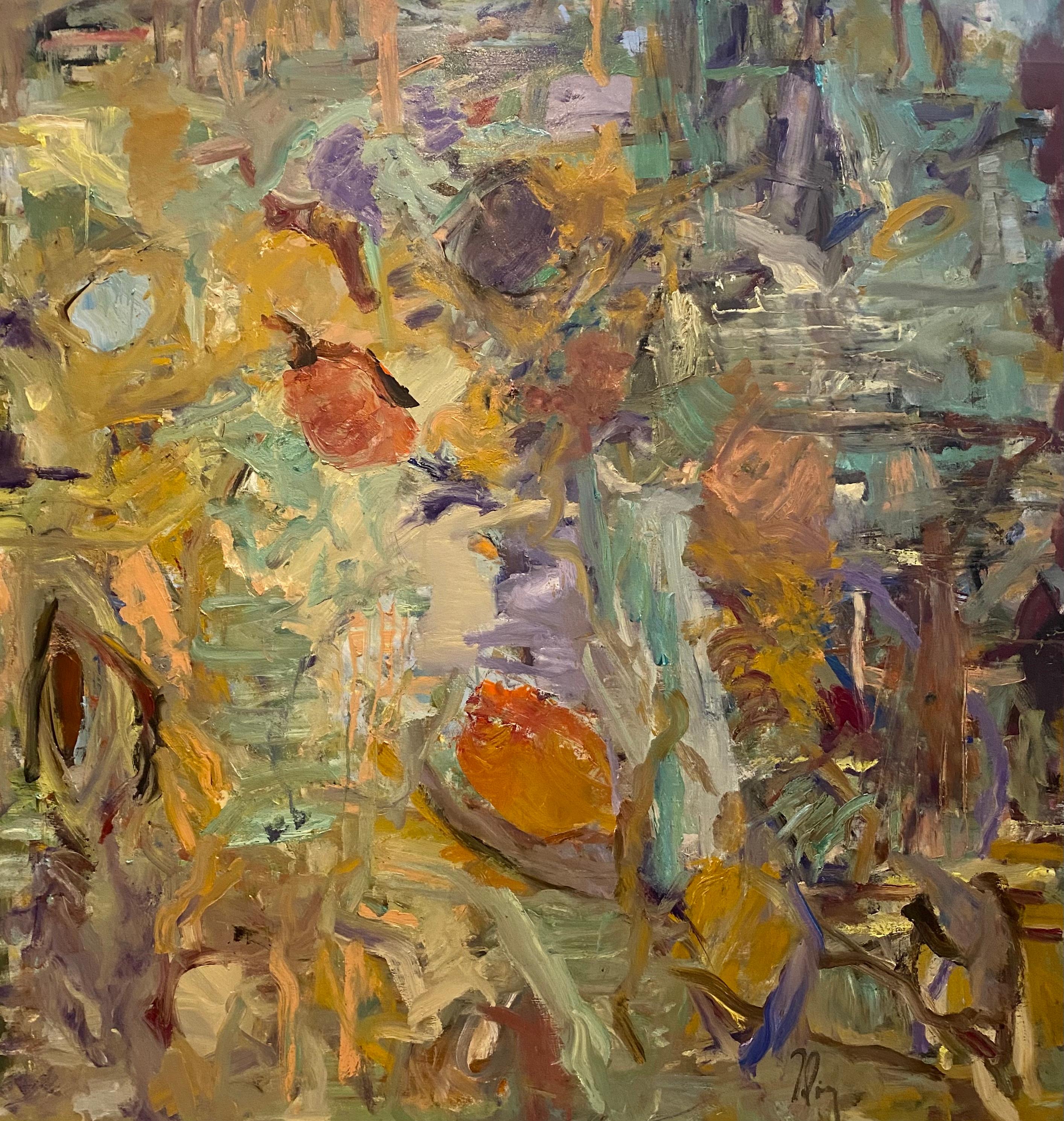 Lloyd Tabing  Abstract Painting - Stoplight Observations, landscape, flowers, nature, orange, rust, green, purple