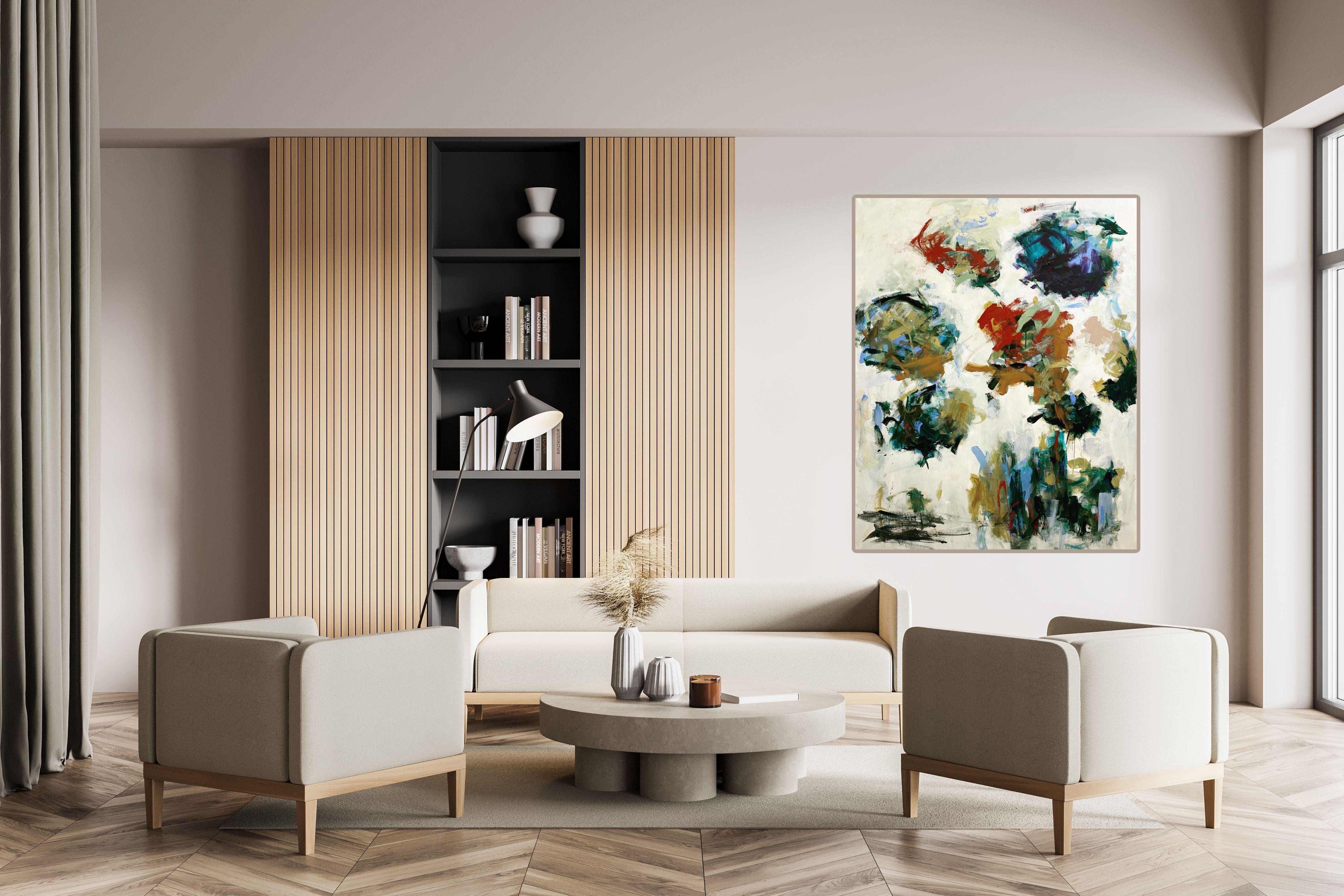 Summer Blooms, flowers, landscape, Joan Mitchell, blue, red, contemporary art - Painting by Lloyd Tabing 