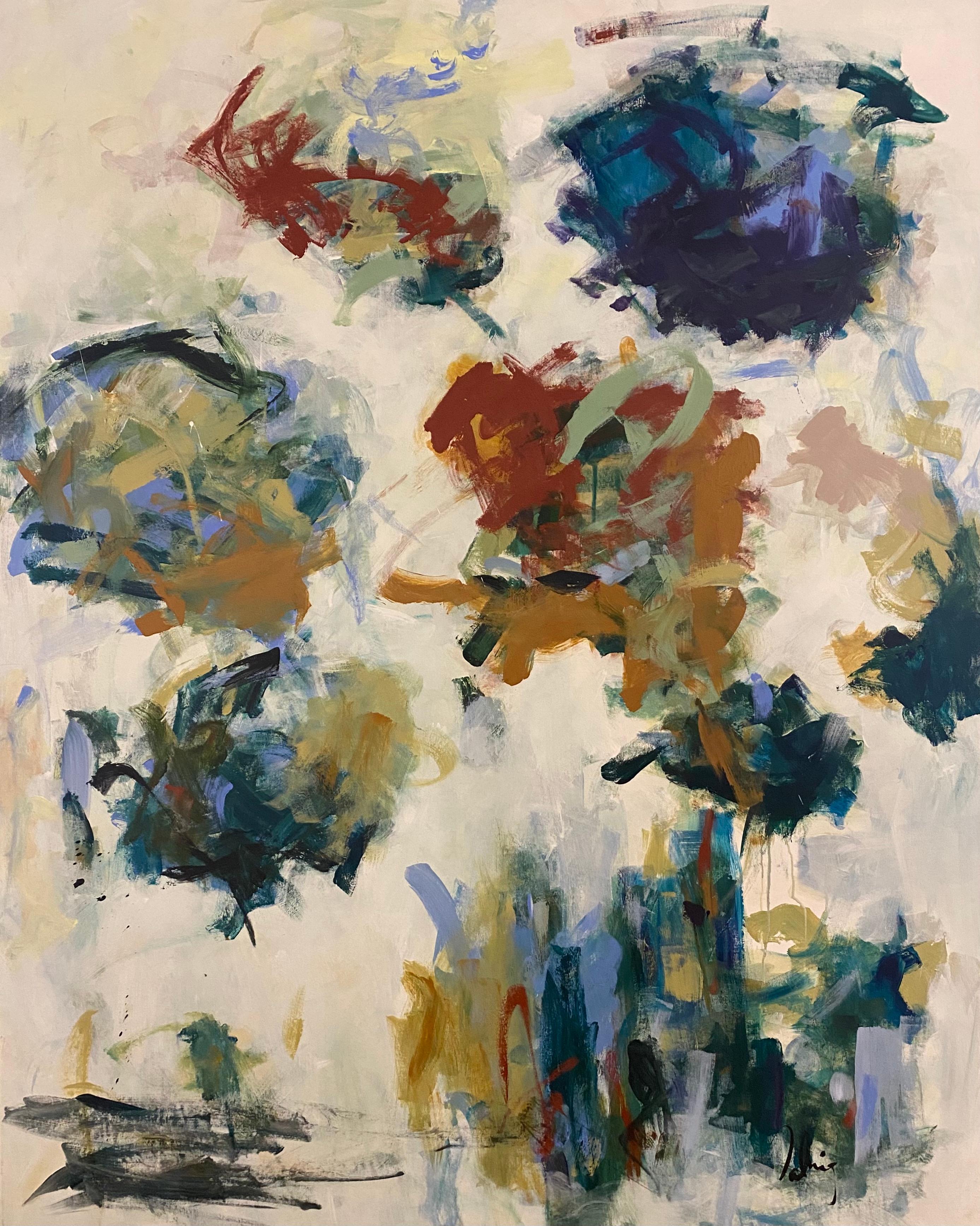 Lloyd Tabing  Abstract Painting - Summer Blooms, flowers, landscape, Joan Mitchell, blue, red, contemporary art