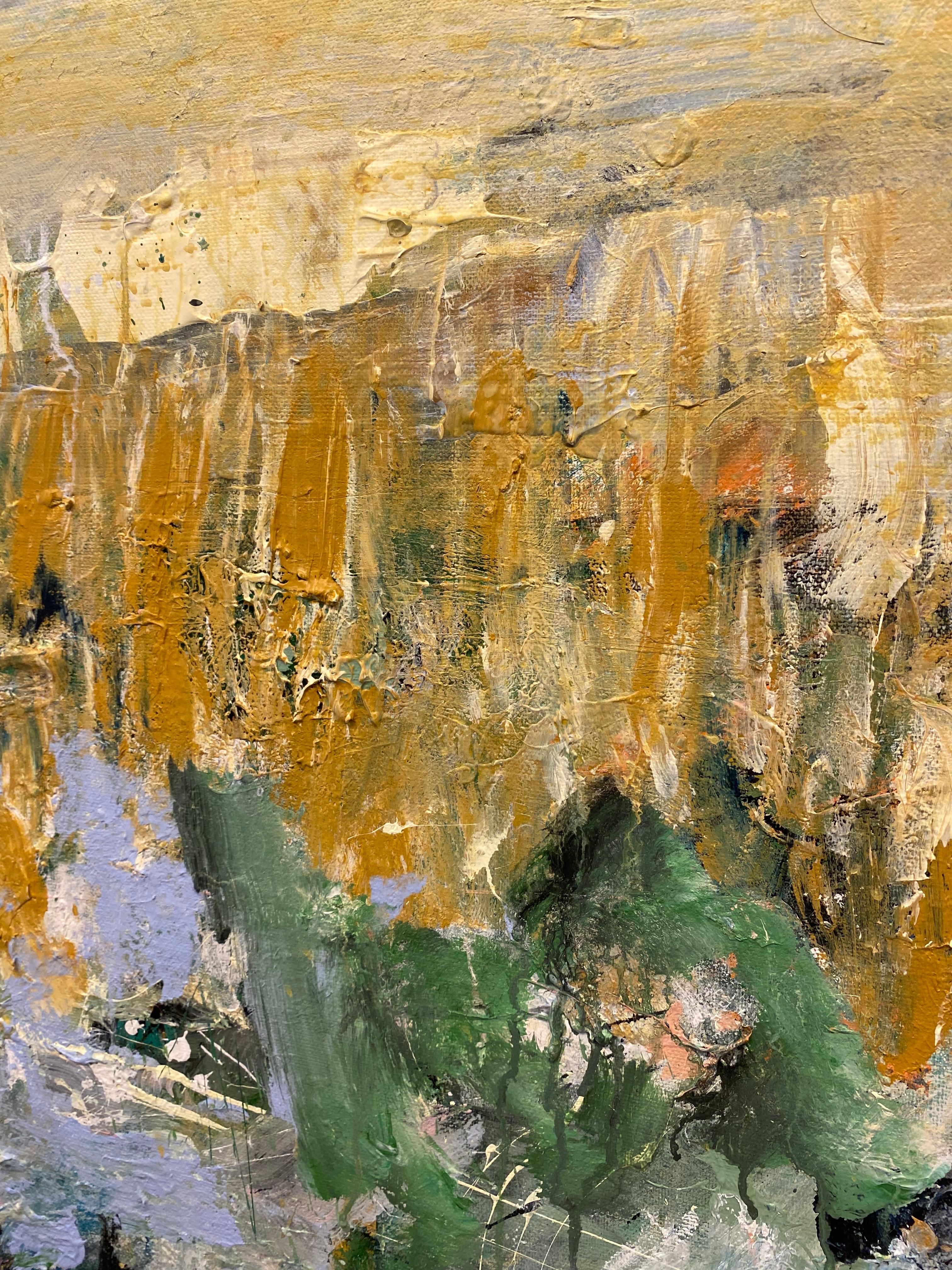 A Time Passed, bleu, rose, jaune, Joan Mitchell, fleurs, nature, paysage - Marron Landscape Painting par Lloyd Tabing