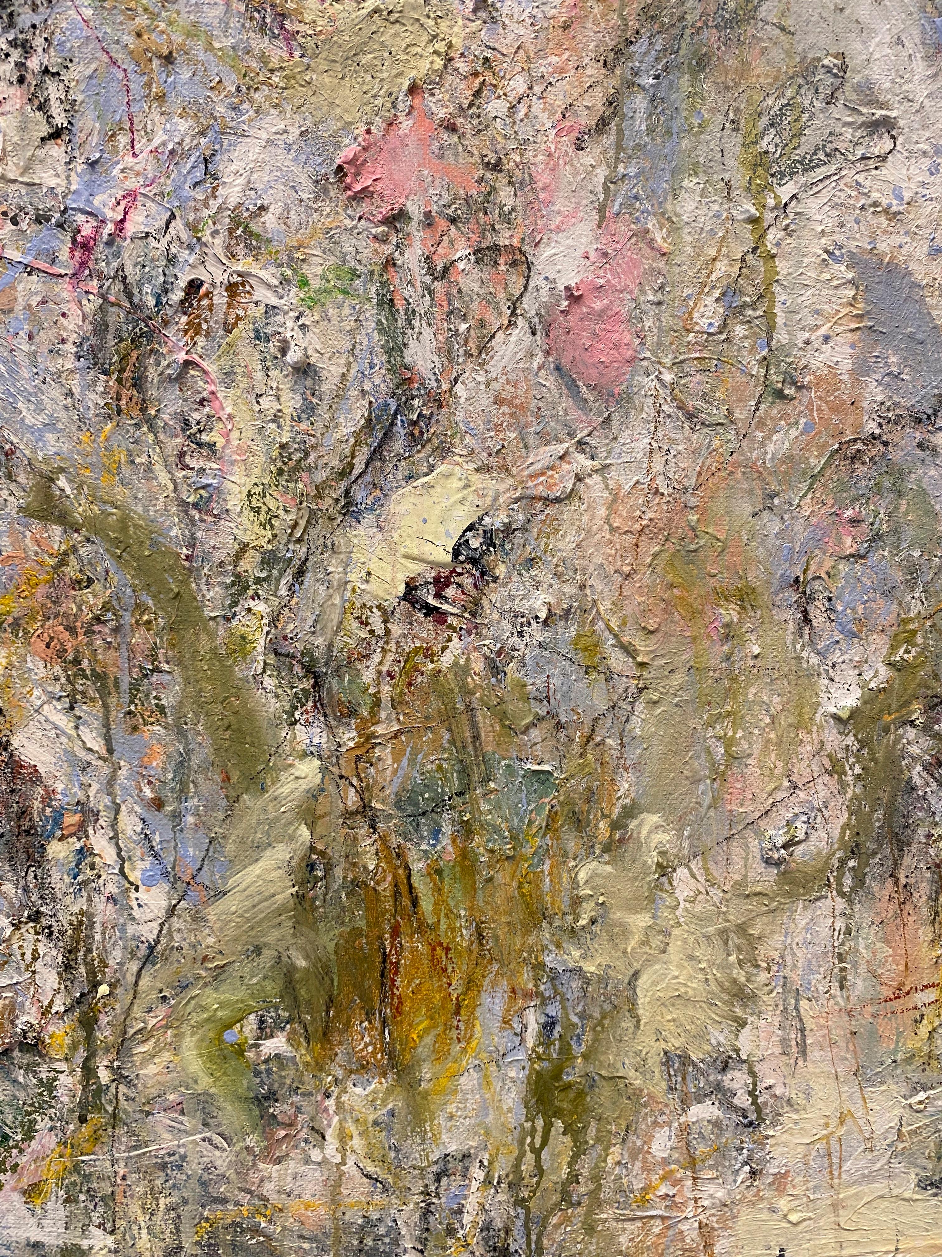 Cherished Moments, flowers, pink, white, green, simple, pencil, Cy Twombley - Gray Abstract Painting by Lloyd Tabing