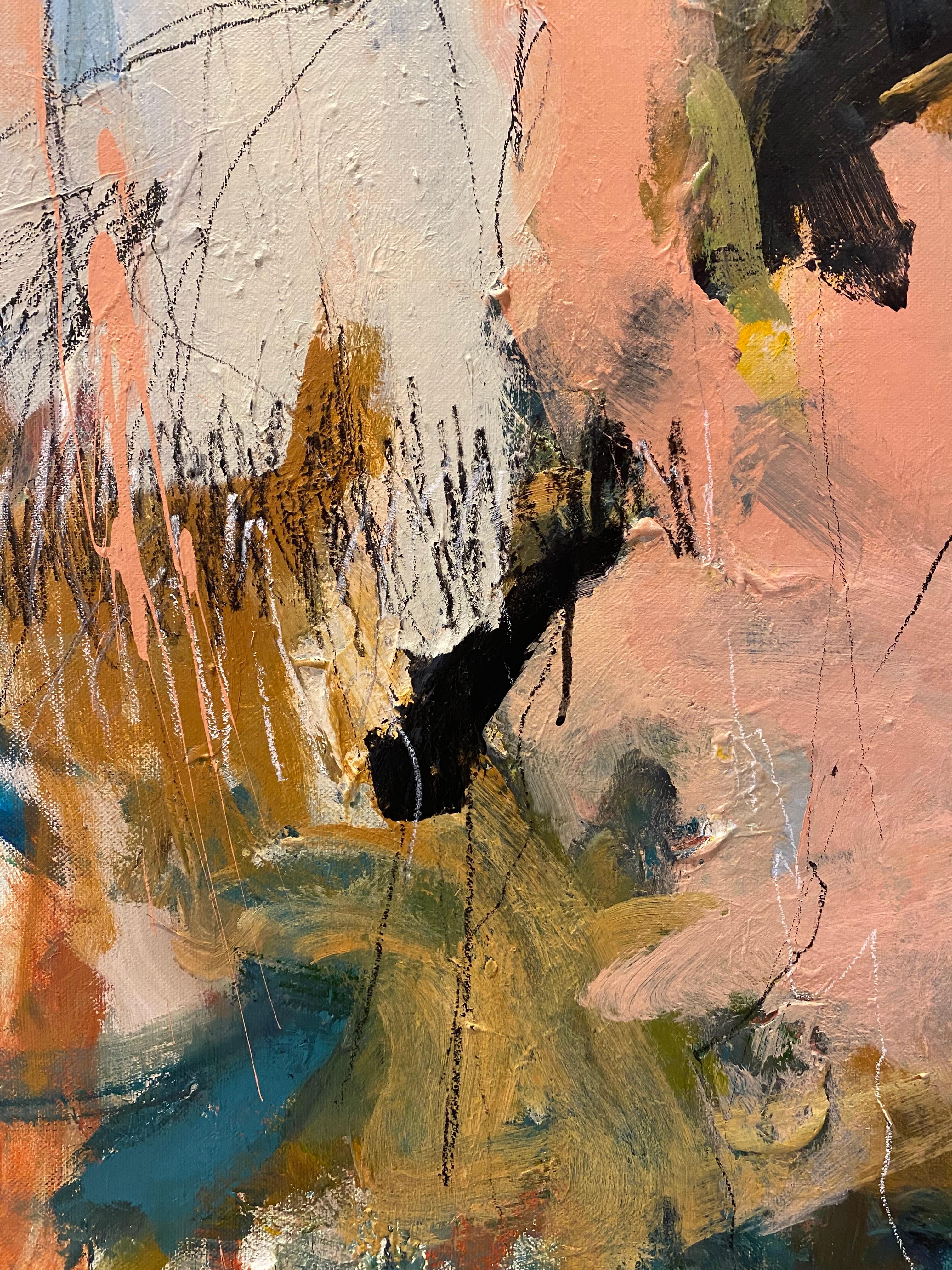 Eye Of The Beholder, pink, blue, Joan Mitchell, nature, ocher, tree - Abstract Expressionist Painting by Lloyd Tabing