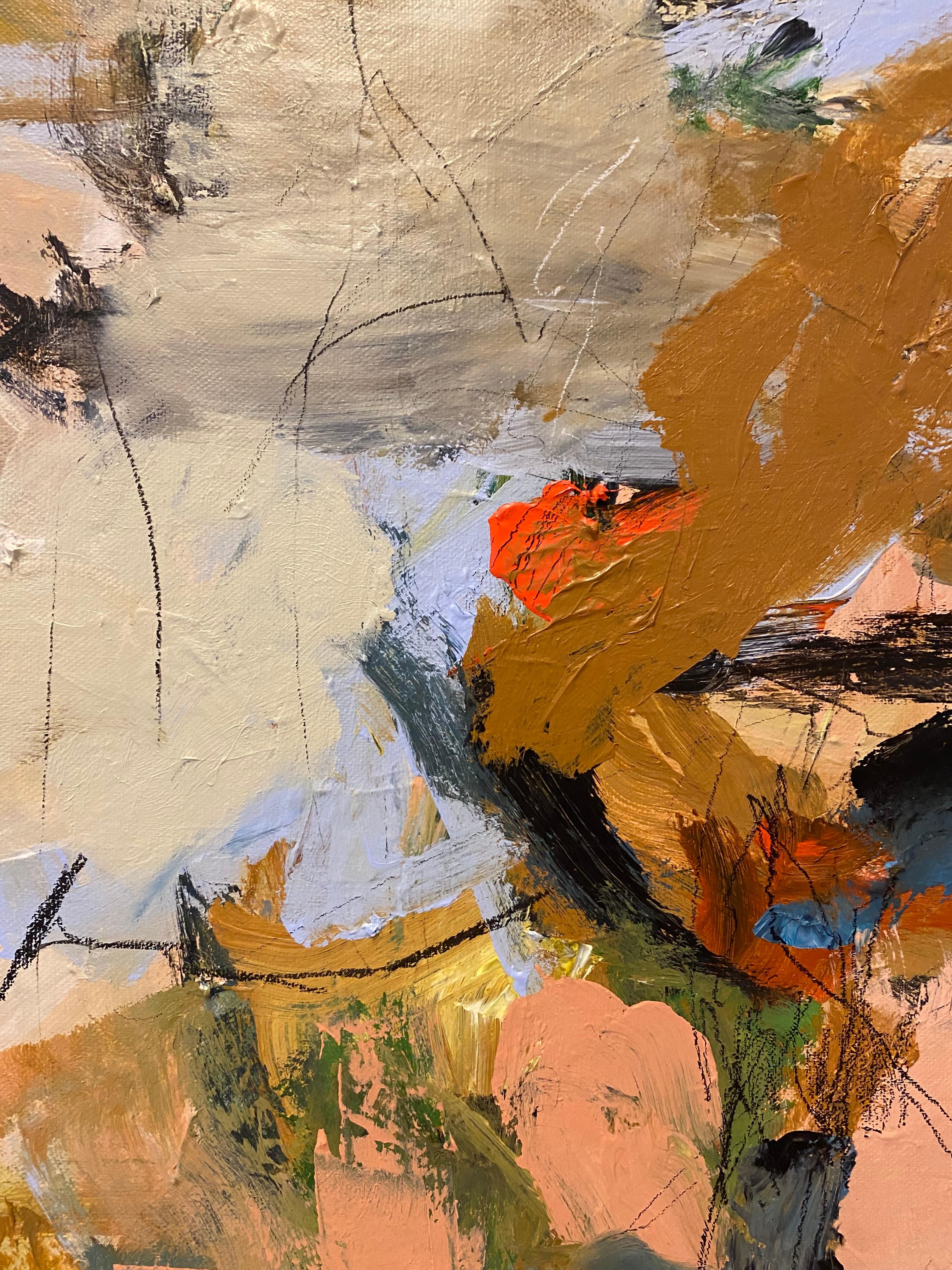Eye Of The Beholder, pink, blue, Joan Mitchell, nature, ocher, tree - Brown Abstract Painting by Lloyd Tabing