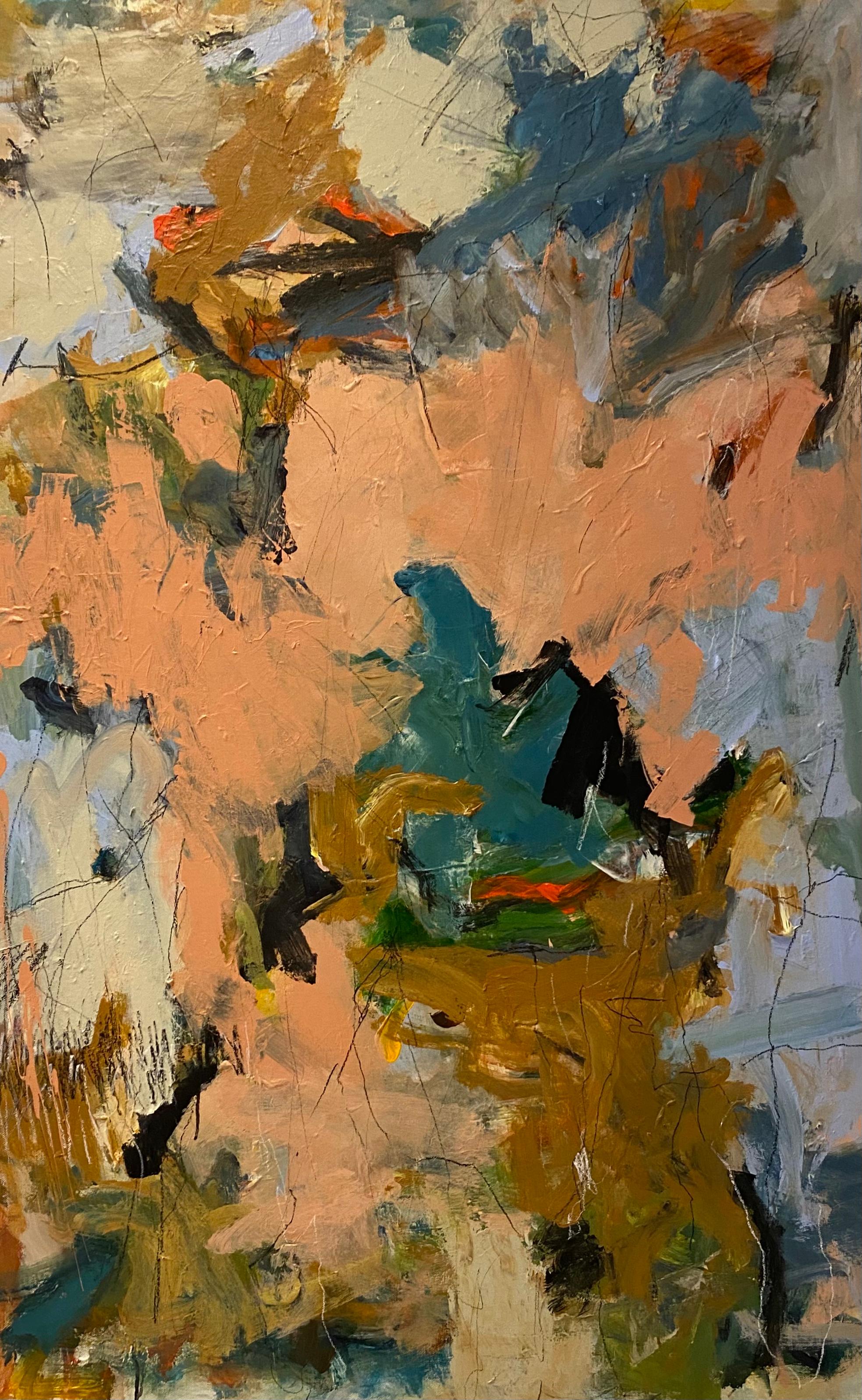 Lloyd Tabing Abstract Painting - Eye Of The Beholder, pink, blue, Joan Mitchell, nature, ocher, tree