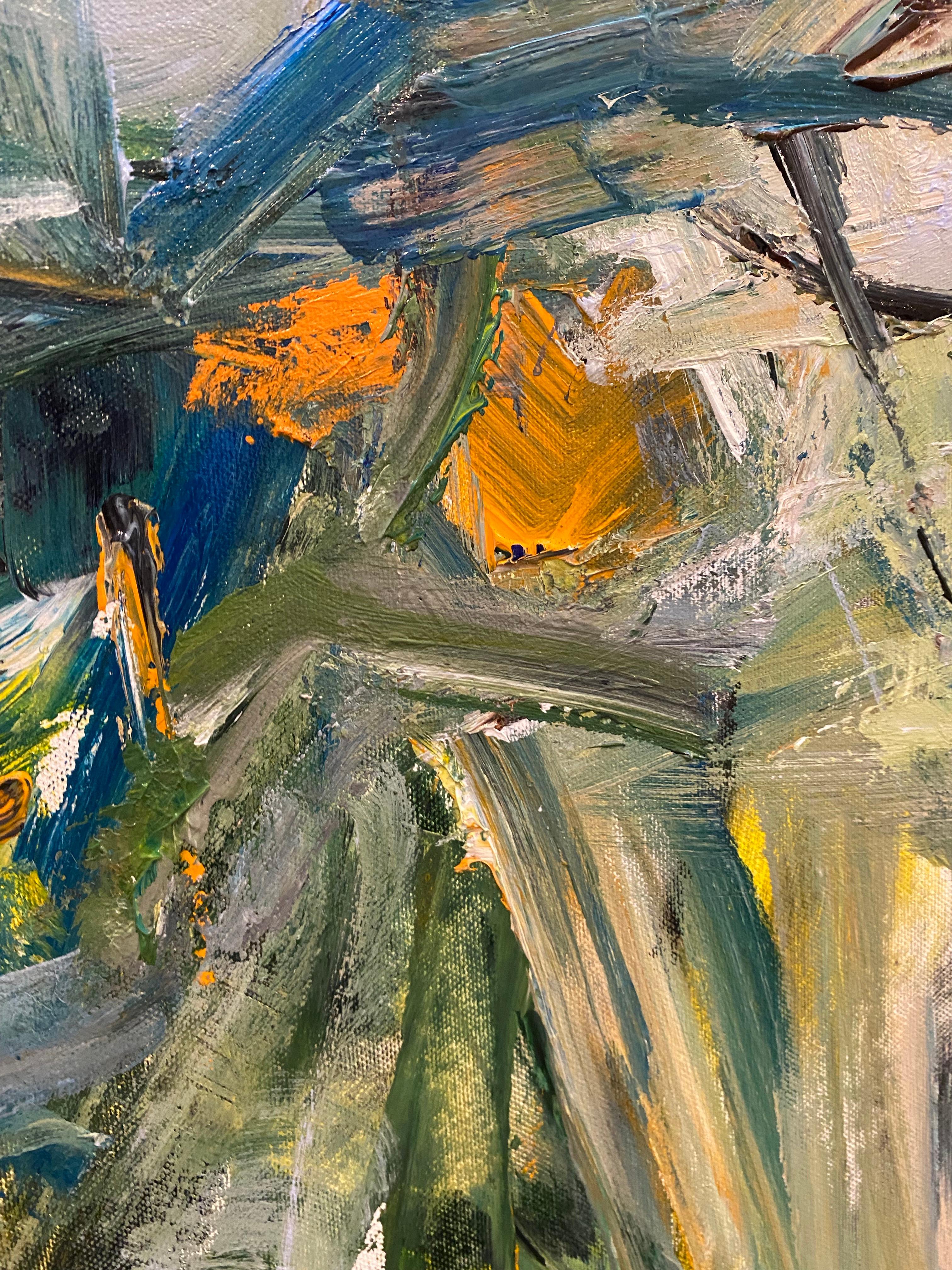 
This painting is part of a series titled The Essence of Nature. The series is recognized by bold brushstrokes and markmaking, multiple layers and depth, plus the use of complementary colors. Colors are inspired by the dichotomy of colors found in