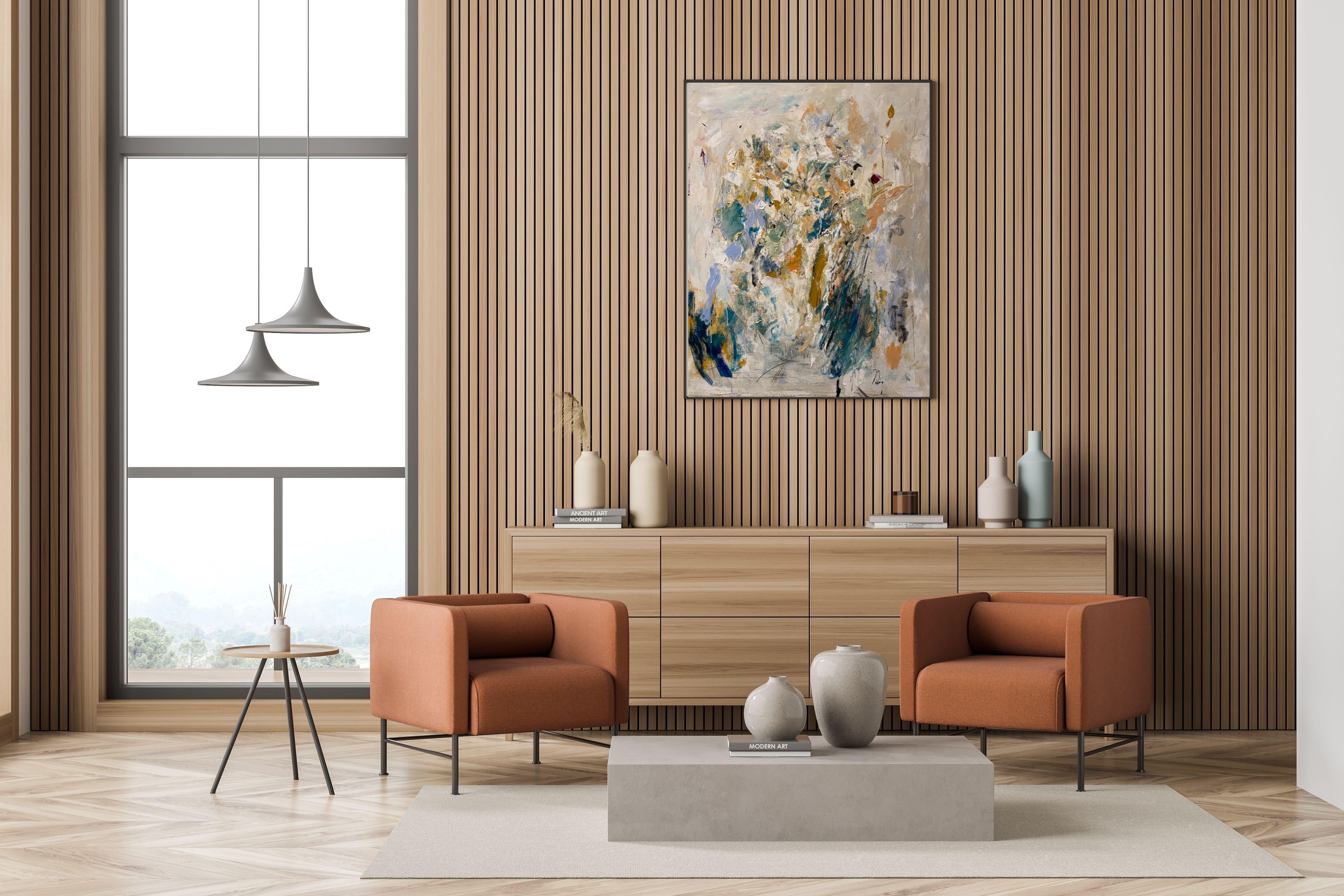 Illuminazione, fiori, colori tenui, blu, beige, arancione, Cy Twombley, natura - Painting di Lloyd Tabing