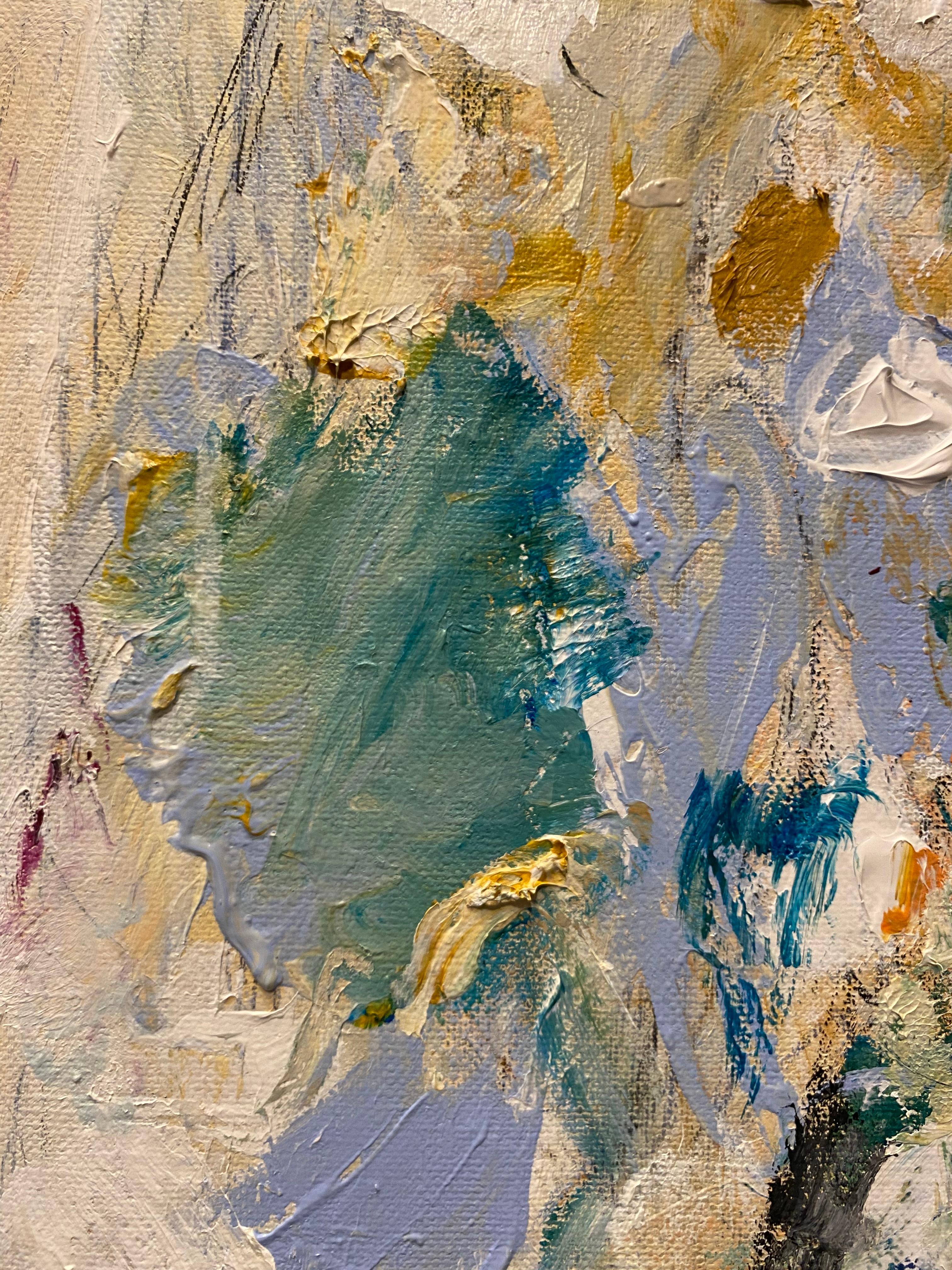 Illuminazione, fiori, colori tenui, blu, beige, arancione, Cy Twombley, natura - Abstract Painting Marrone di Lloyd Tabing