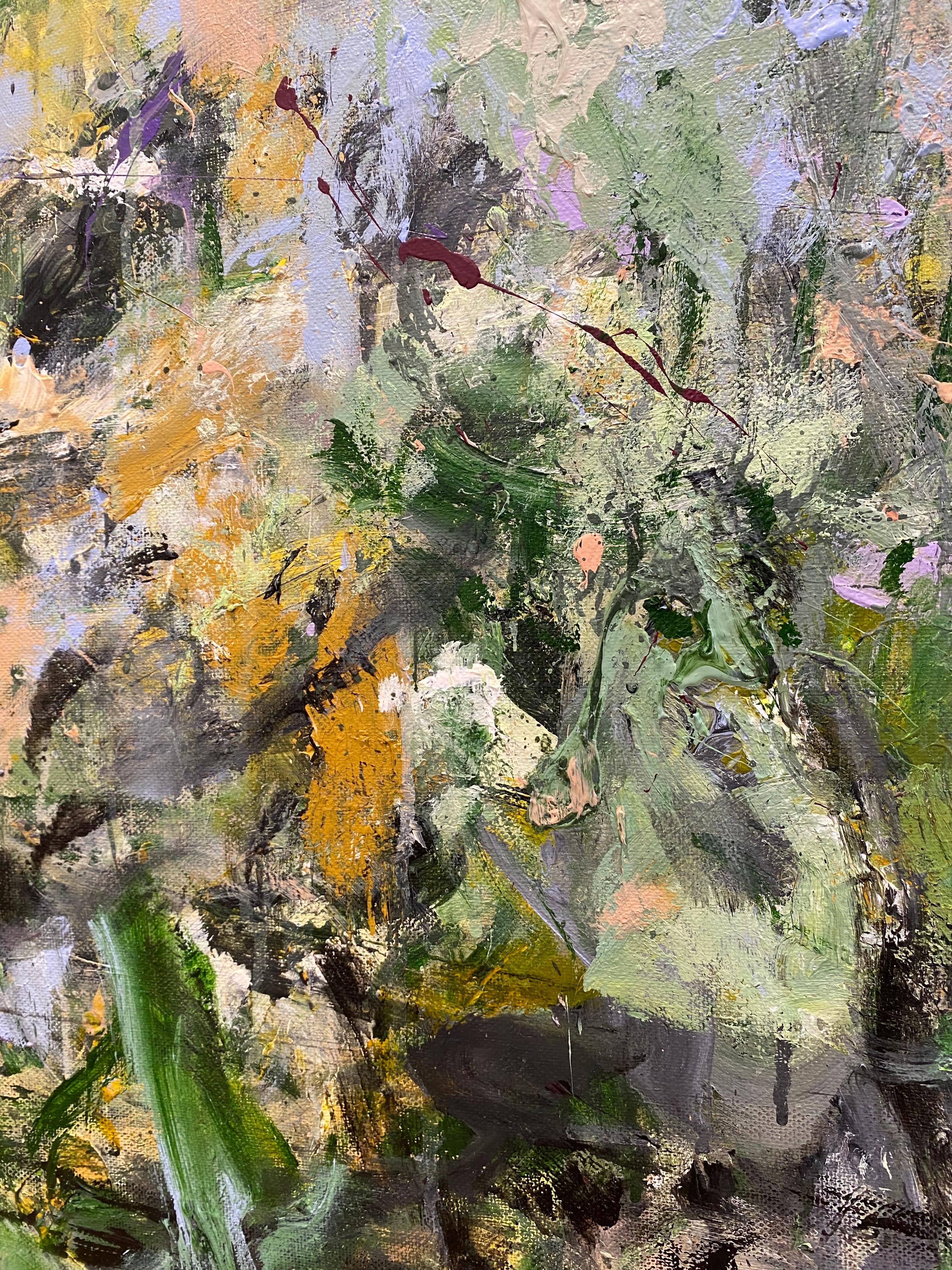 Talk, Blau, Blumen, Landschaft, Rosa, Violett, Grün, Gold – Painting von Lloyd Tabing