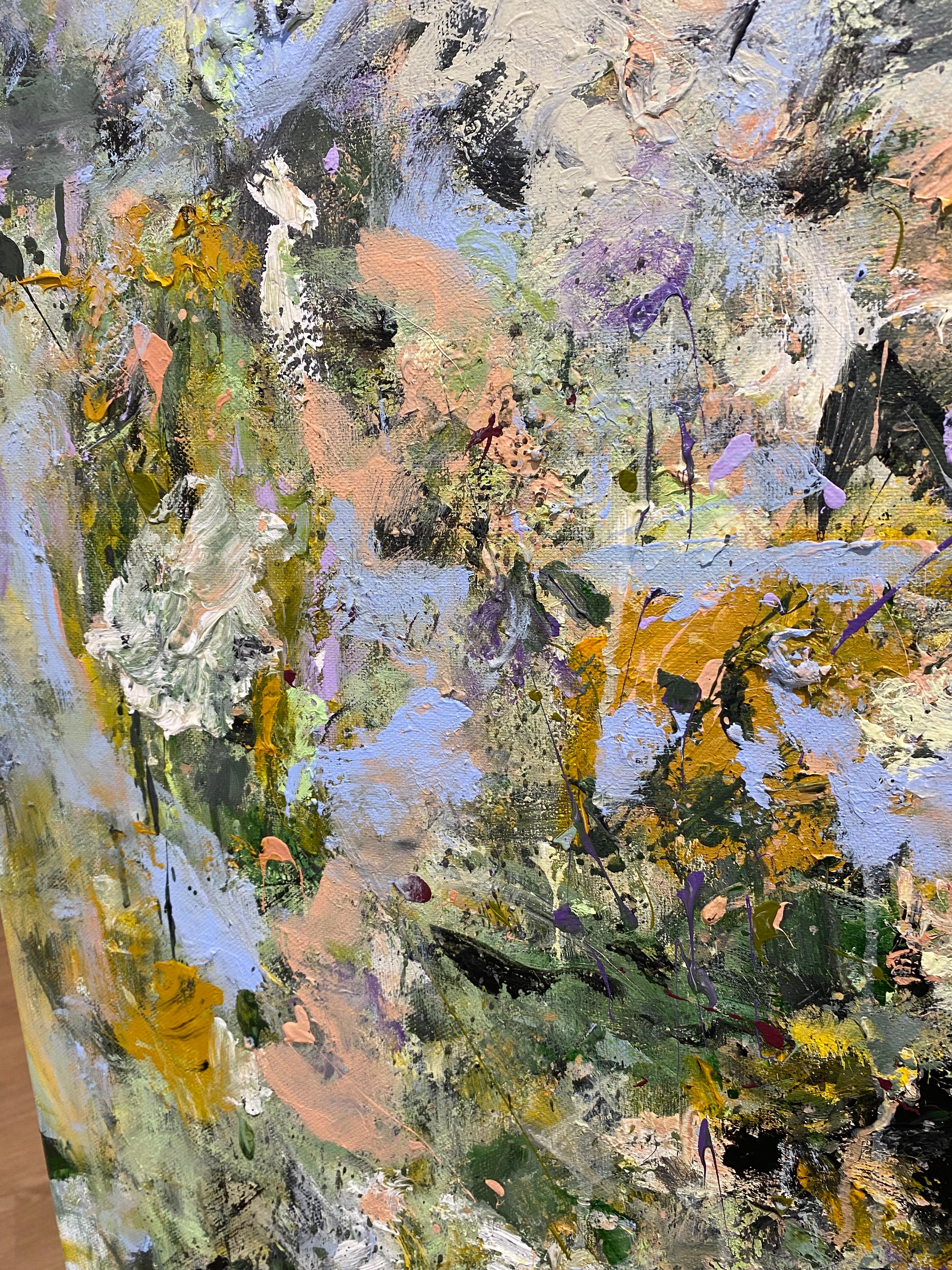 Talk, Blau, Blumen, Landschaft, Rosa, Violett, Grün, Gold (Grau), Landscape Painting, von Lloyd Tabing