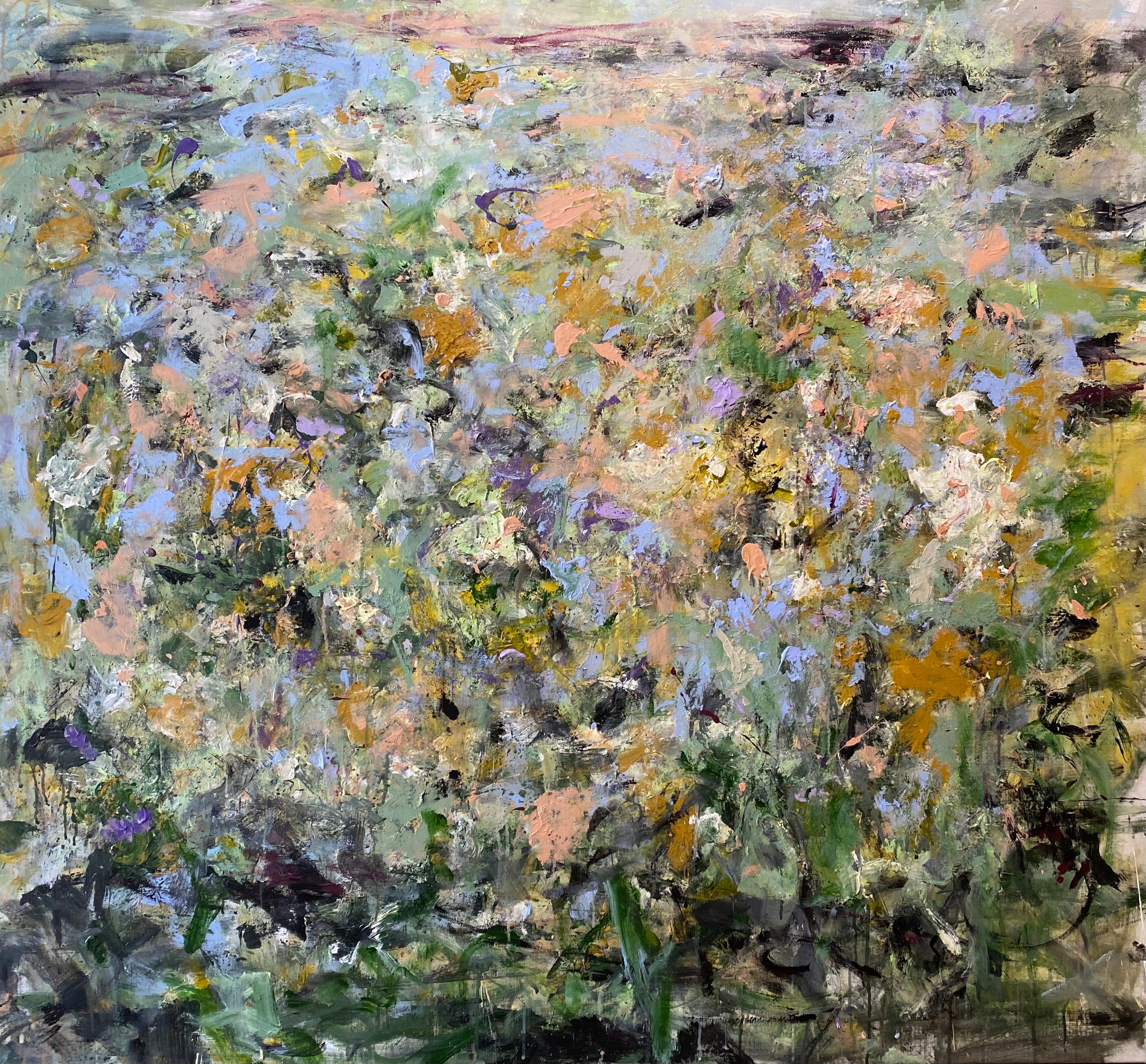 Small Talk, blue, flowers, landscape, pink, purple, green, gold