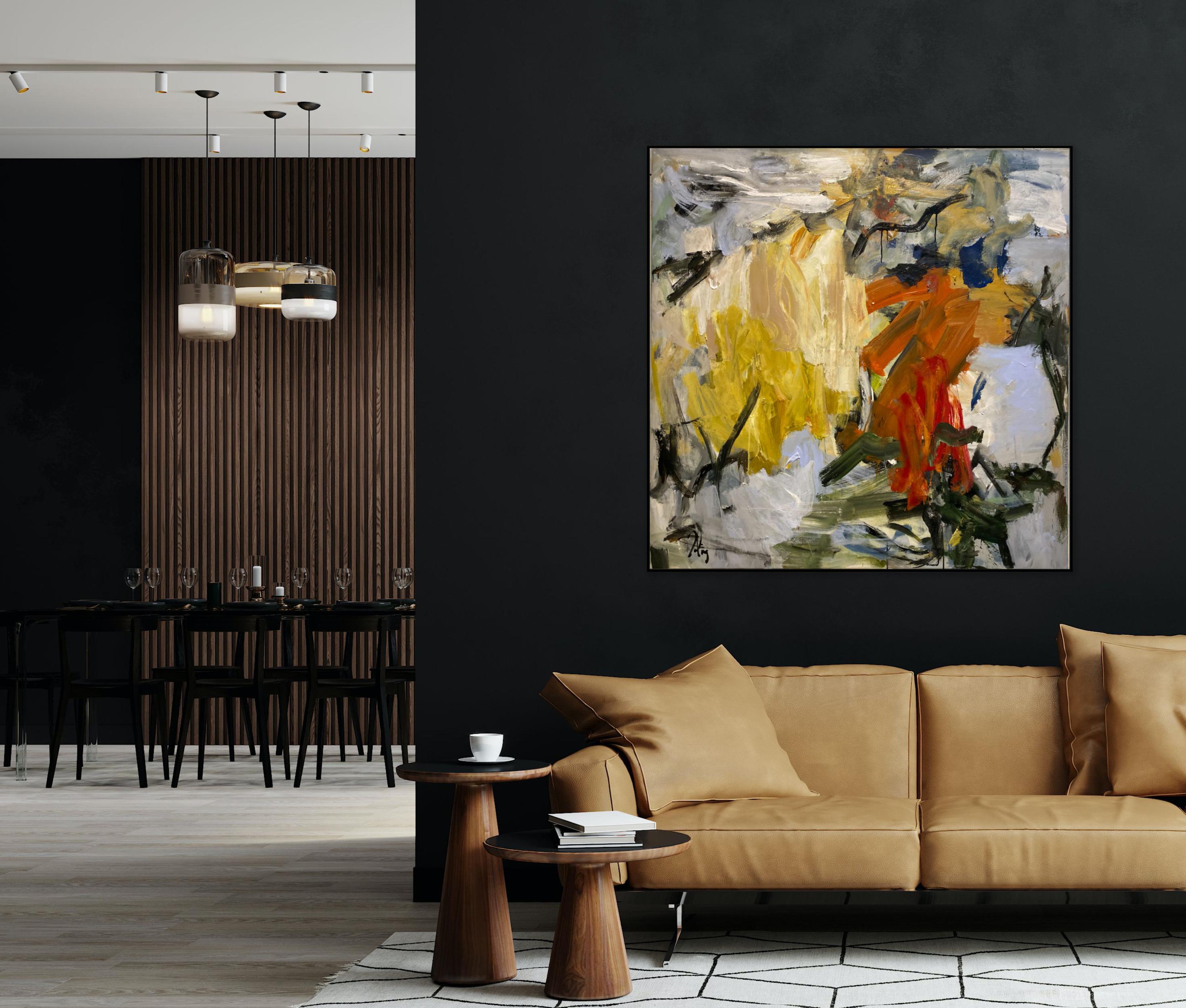 Stepping Stone, orange, expressionism, Dekooning, beige, blue, contemporary - Painting by Lloyd Tabing
