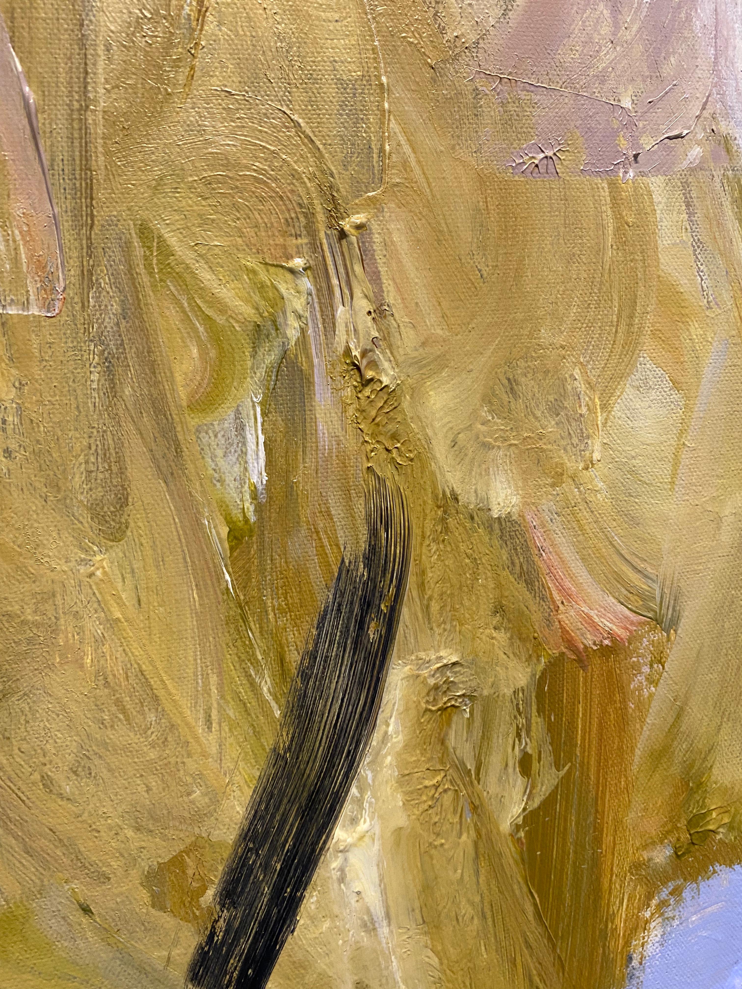 Stepping Stone, orange, expressionism, Dekooning, beige, blue, contemporary - Abstract Painting by Lloyd Tabing