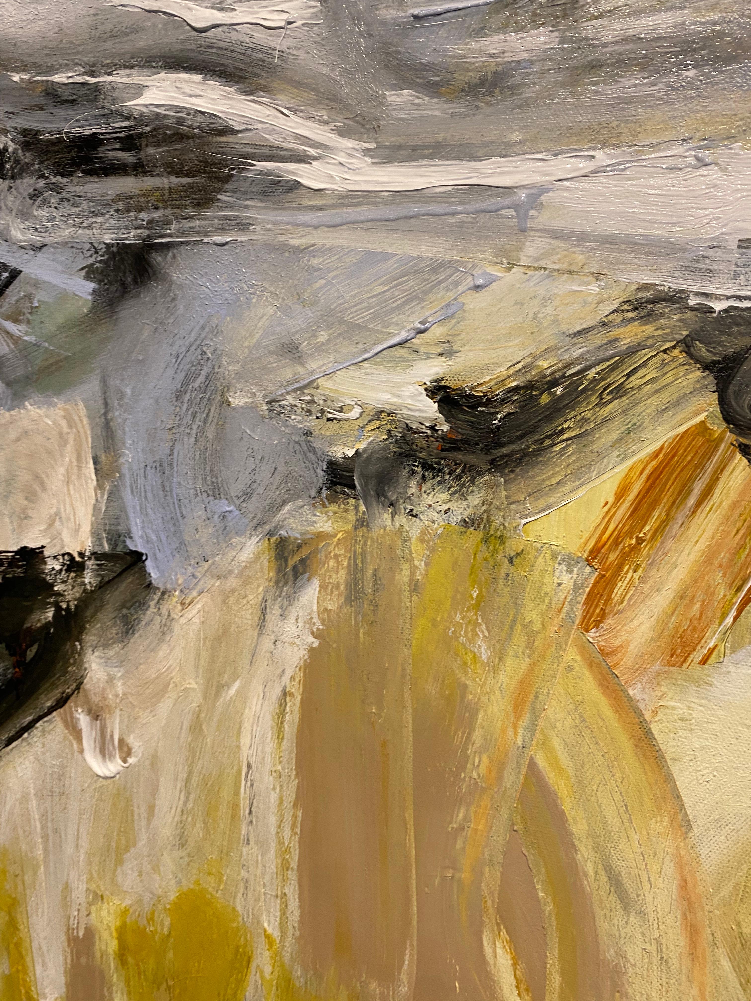 Stepping Stone, orange, expressionism, Dekooning, beige, blue, contemporary - Brown Abstract Painting by Lloyd Tabing