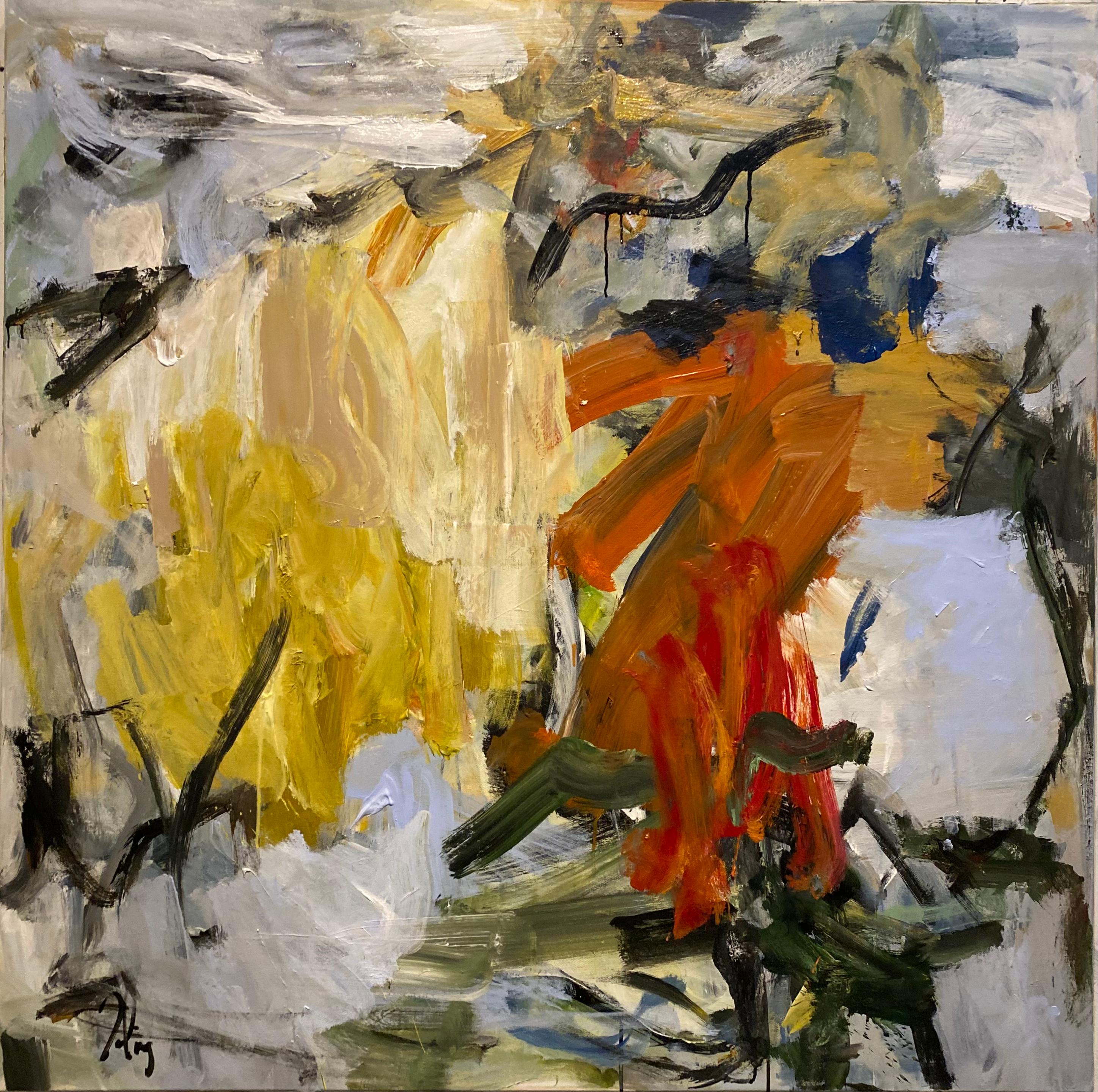 Stepping Stone, orange, expressionism, Dekooning, beige, blue, contemporary