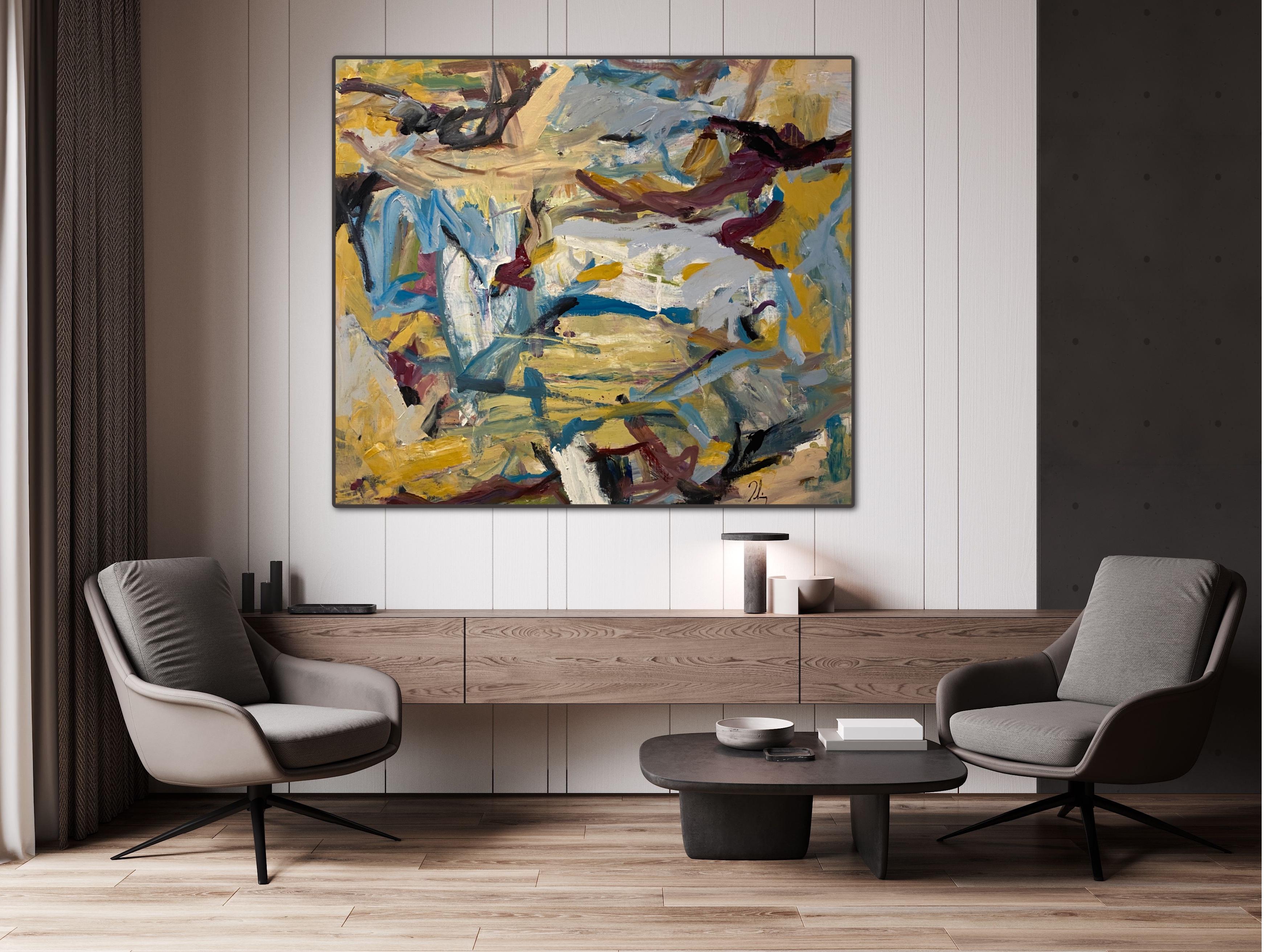 Turbolenza, acqua, espressionismo astratto, blu, bianco, oro, giallo, natura - Painting di Lloyd Tabing