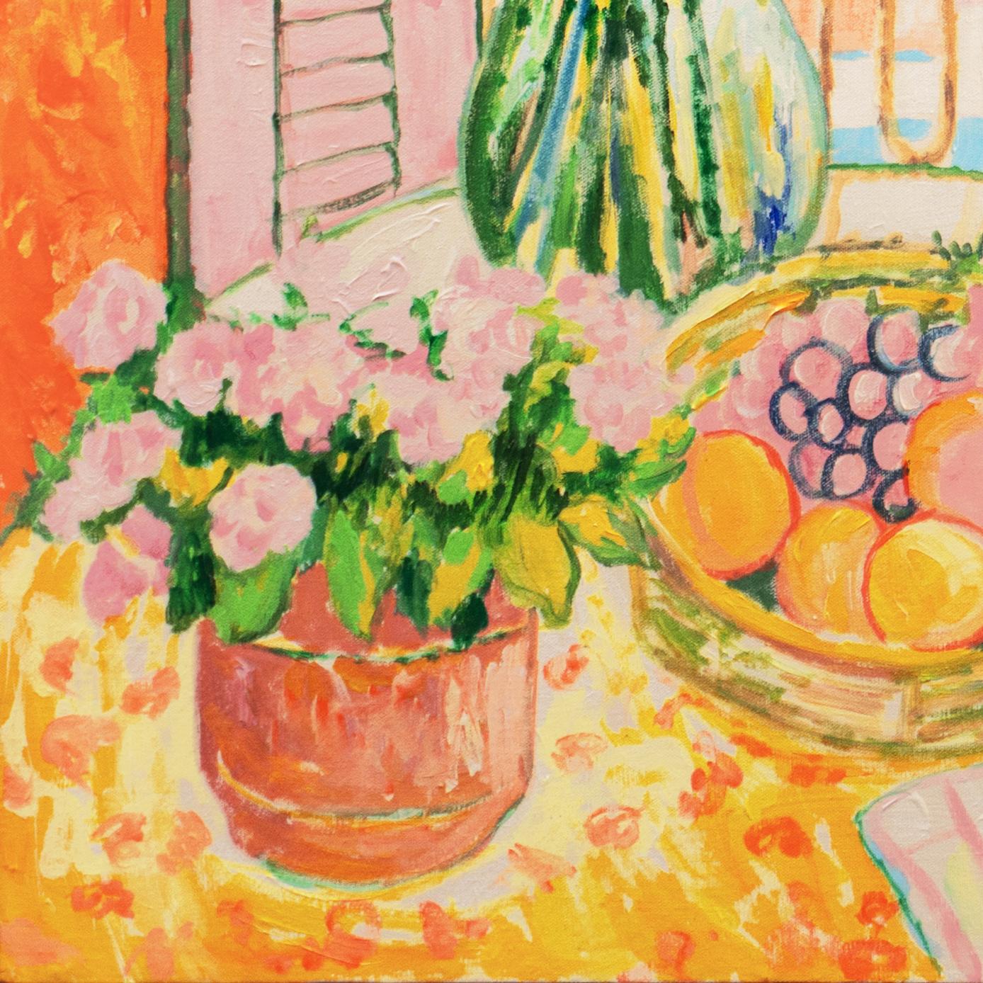 'Balcone dei Caraibi', Natura morta ad olio post impressionista, Giamaica, Indie Occidentali - Still-Life Painting Beige di Lloyd Van Pitterson