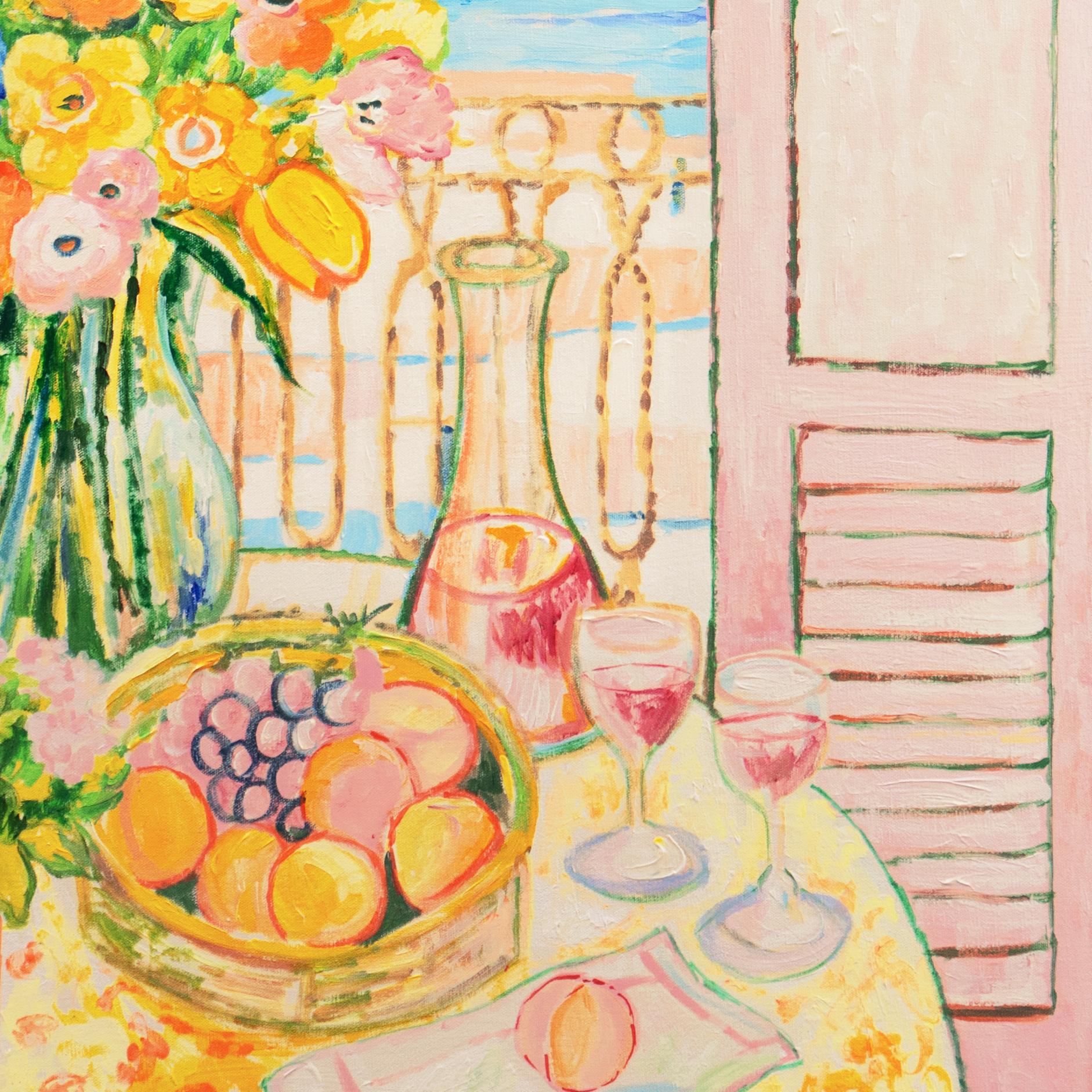 'Caribbean Balcony', Post Impressionist Oil Still Life, Jamaica, West Indies - Beige Interior Painting by Lloyd Van Pitterson