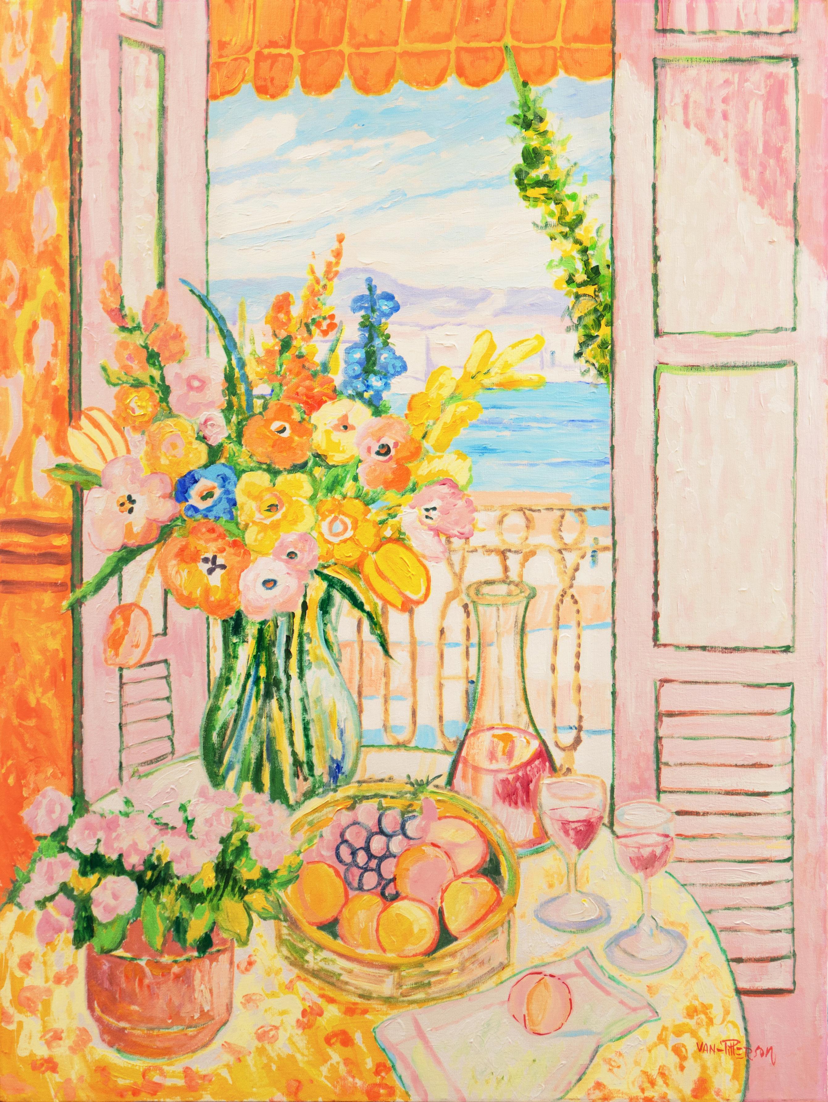Interior Painting di Lloyd Van Pitterson - 'Balcone dei Caraibi', Natura morta ad olio post impressionista, Giamaica, Indie Occidentali