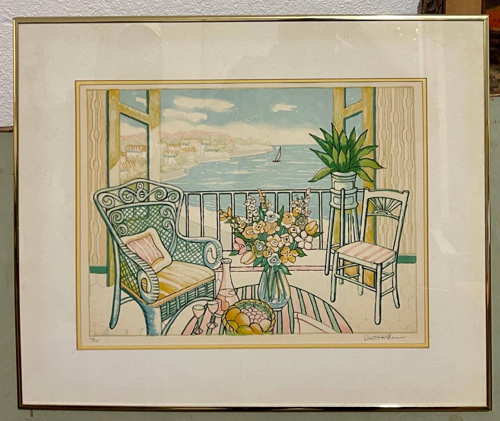 Lithographie fauviste vintage en couleur - Scène de porche par l'artiste jamaïcain Van Pitterson - Print de Lloyd Van Pitterson