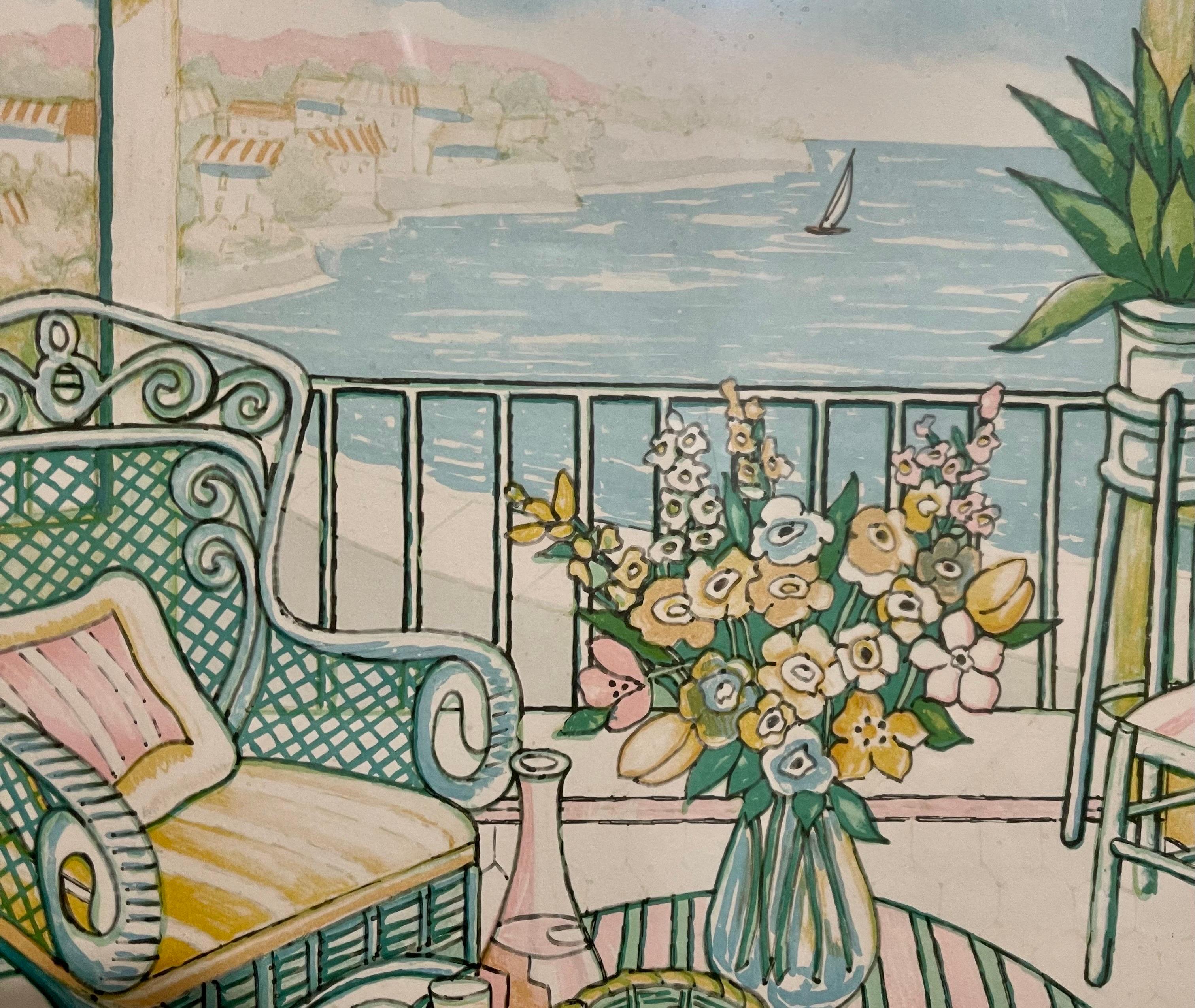 Lithographie fauviste vintage en couleur - Scène de porche par l'artiste jamaïcain Van Pitterson en vente 1