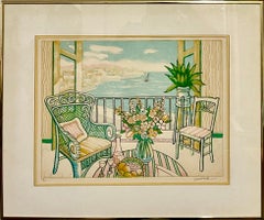 Vintage Fauvist Litografia a colori Scena di portico Artista giamaicano Van Pitterson