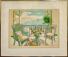 Vintage Fauvist Color Lithograph Porch Scene Jamaican Artist Van Pitterson