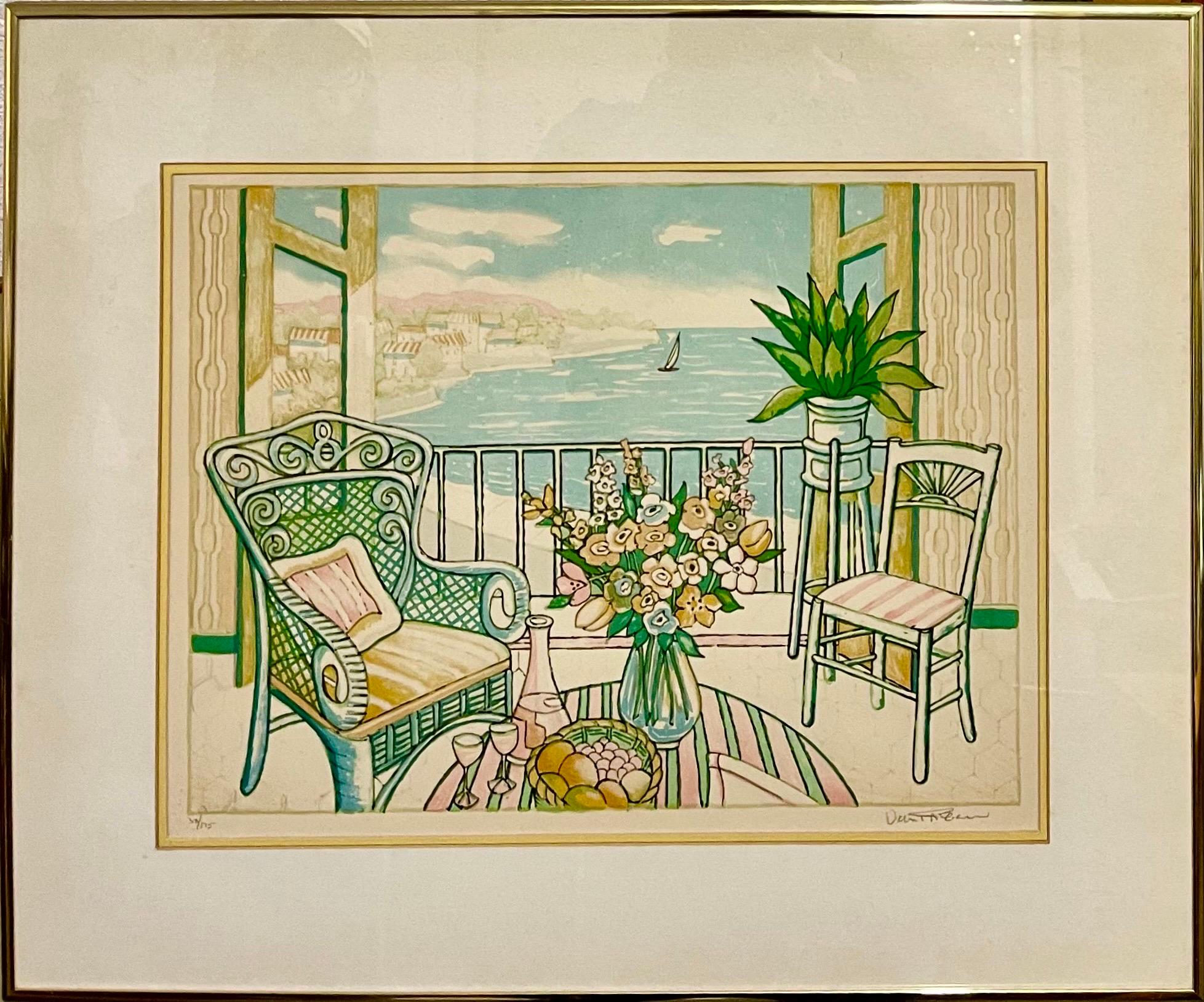 Vintage Fauvist Color Lithograph Porch Scene Jamaican Artist Van Pitterson