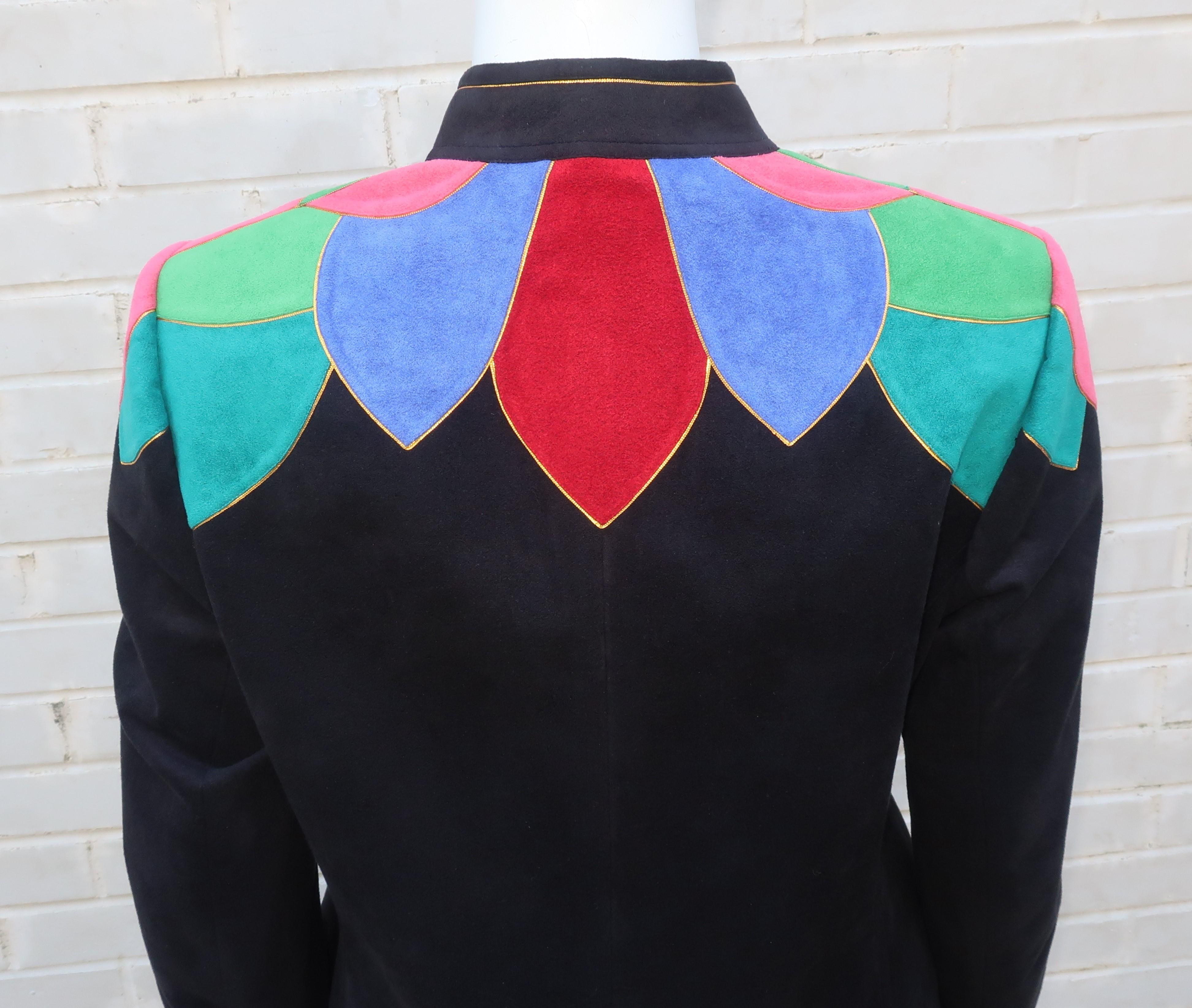 Black Lloyd Williams Ultra Suede Patchwork Jacket Skirt Suit, 1980's