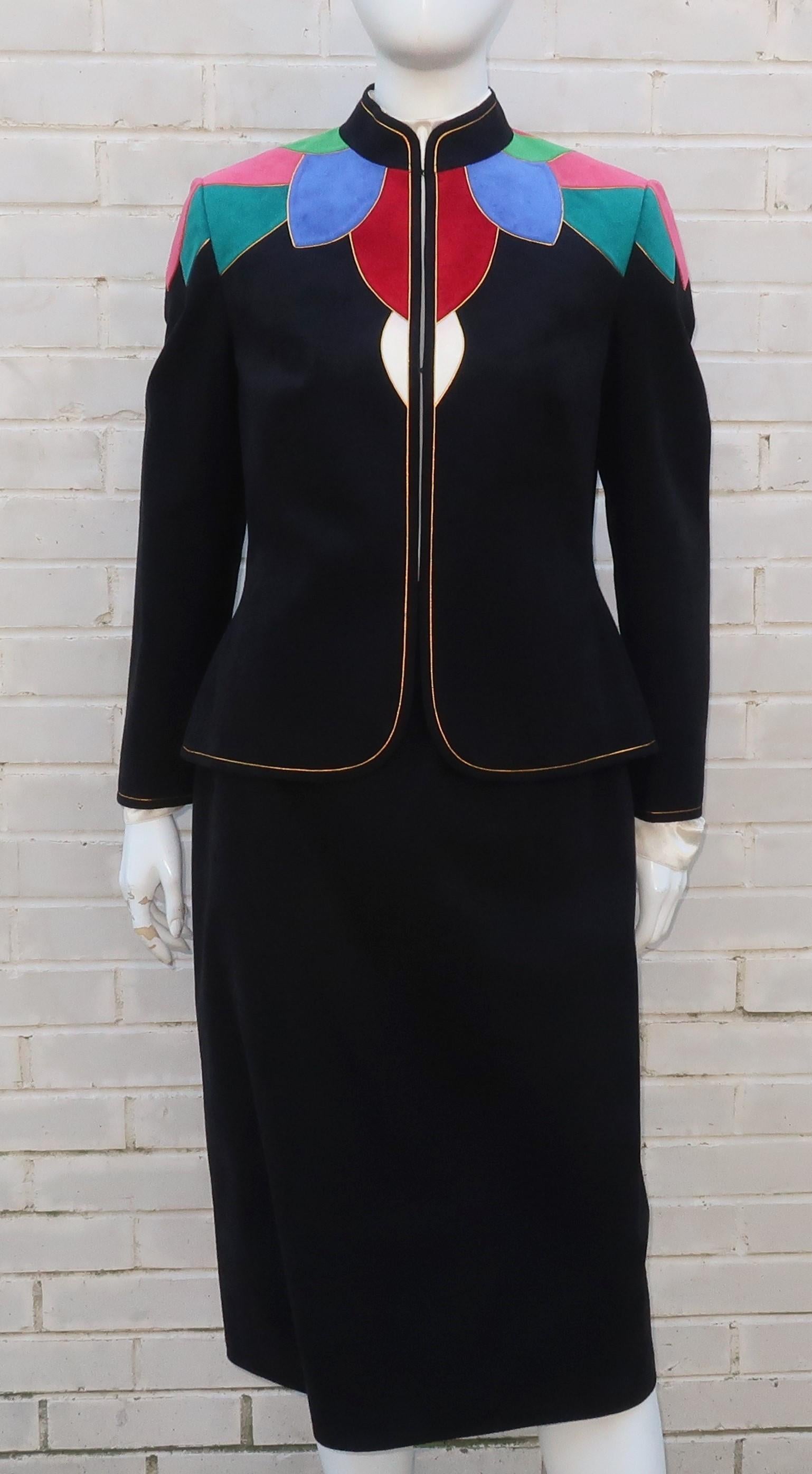 Women's Lloyd Williams Ultra Suede Patchwork Jacket Skirt Suit, 1980's